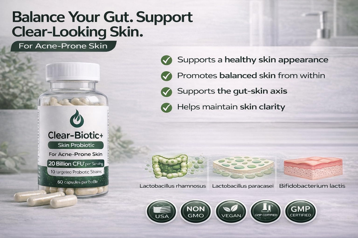 Acne Pills Probiotic Acne Supplements for Teens & Adults - Hormonal Acne Vitamins, Gut Health for Clear Skin, Non-GMO (60 Capsules) Gut Skin Axis Clear-BioticBuy Supplements Australia
