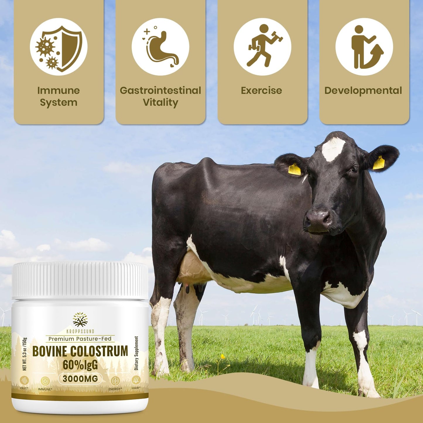 Kroppssund Bovine Colostrum Powder Supplement 3000 mg - Extra High 60% IgG Bovine Colostrum - Gut, Bone, Exercise, Immune - 50 Servings (1 Bottle) KroppssundBuy Supplements Australia