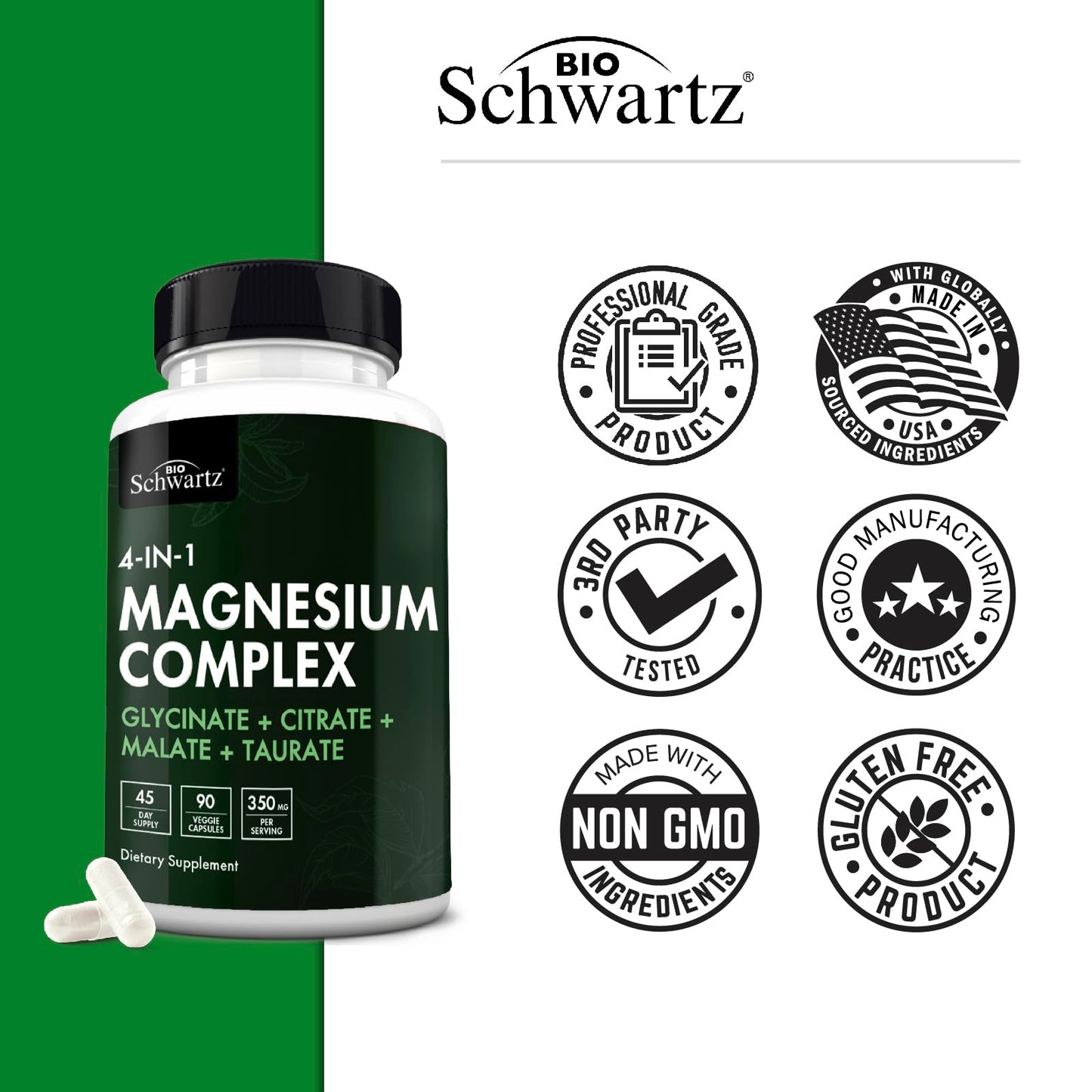 BioSchwartz Magnesium Complex Supplement (90 Capsules) 350mg Magnesium Glycinate Citrate Malate and Taurate Per Serving for Healthy Nerves Muscles Heart Sleep Support (Vegan, Gluten-Free, Non-GMO) BioSchwartz buy supplements Au