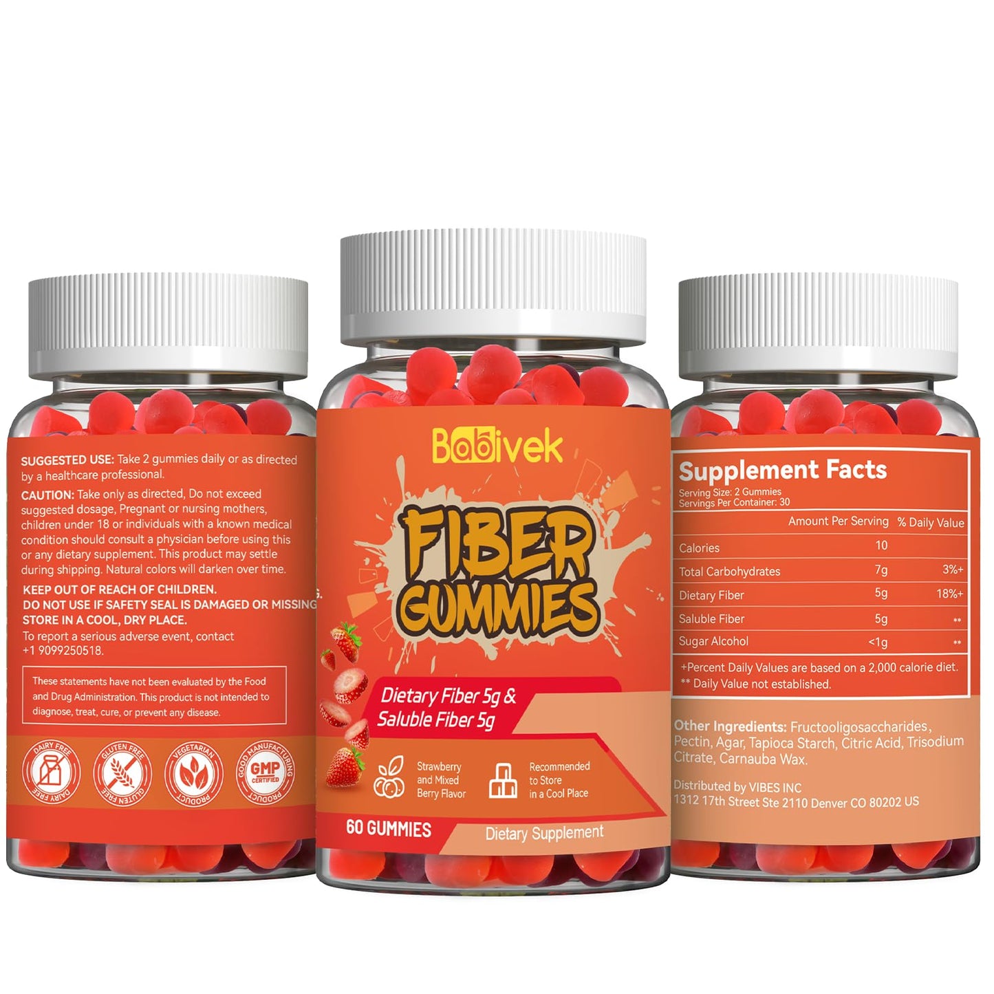 Babivek Fiber Gummies for Women and Men – Dietary Fiber, Gut Health Support, Vegan, Non-GMO, Non-Gluten, Mixed Berry & Strawberry Flavors, 60 Count(Pack of 2)