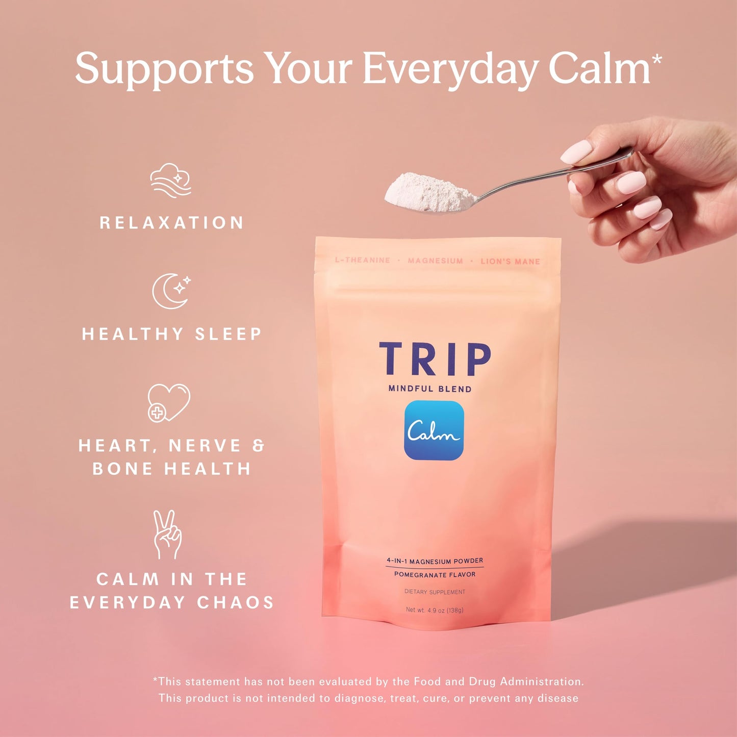 TRIP Magnesium Glycinate Powder with L-Theanine & Lion’s Mane, Sugar Free Magnesium Supplement for Adults, 250mg Magnesium per Drink Mix Serving, Pomegranate Orange Blossom, 1 Bag - 30 Servings TRIPBuy Supplements Australia
