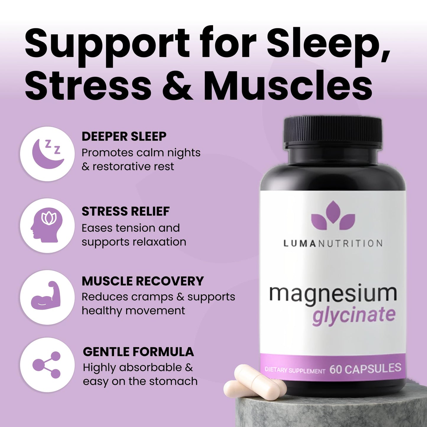 Luma Nutrition Magnesium Glycinate 1000mg - Support Stress, Sleep, Nerve & Muscle Health - 500mg Pure Magnesium Supplement Capsules - Chelated for High Absorption - 60 Veggie Capsules Luma NutritionBuy Supplements Australia