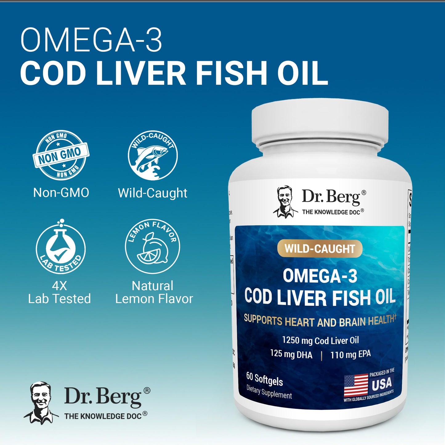 Dr. Berg Omega-3 Cod Liver Fish Oil 60 Softgels – Wild-Caught Icelandic Cod – Omega 3 EPA & DHA – Heart, Brain, Immune & Eye Support* – Lemon Flavor – 4X Lab-Tested – Non-GMO, No Fillers Dr. Berg NutritionalsBuy Supplements Australia