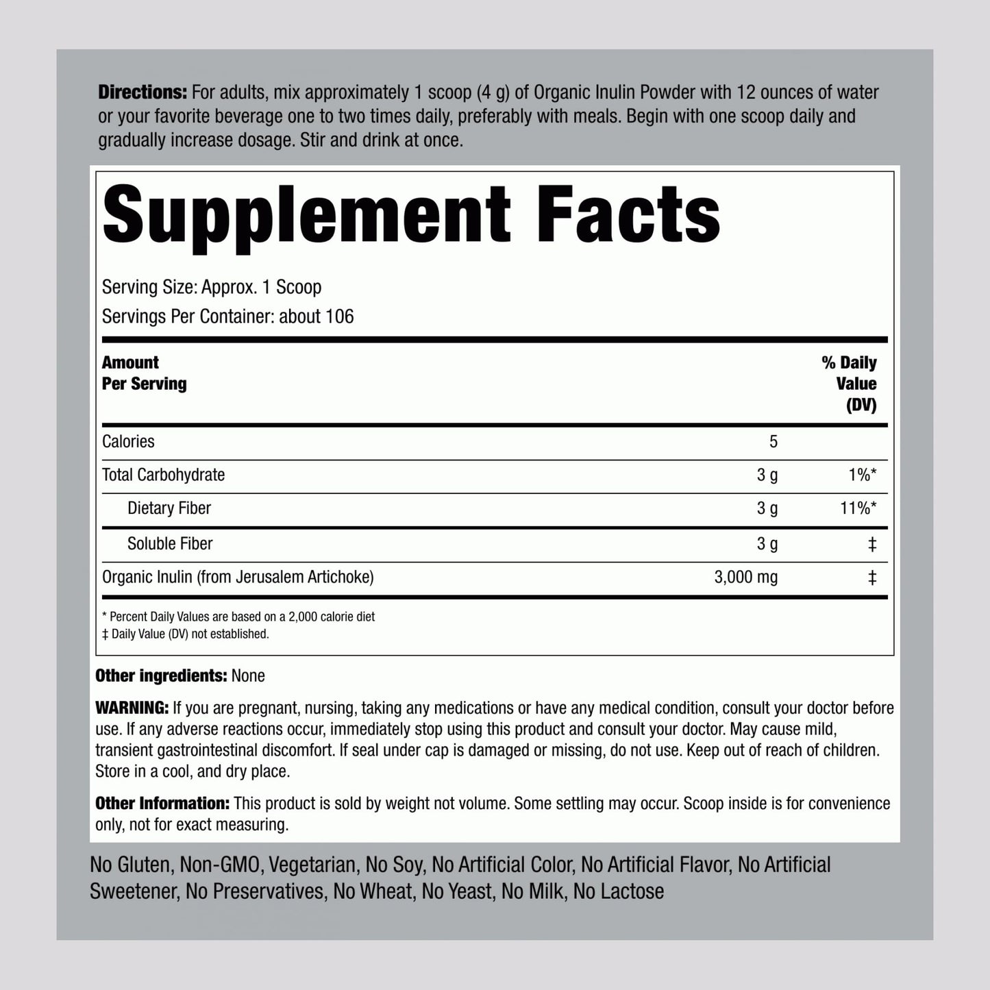 Piping Rock Organic Inulin Powder | 15 oz | Soluble Fiber Supplement | FOS Powder | Vegetarian, Non-GMO, Gluten Free Piping RockBuy Supplements Australia