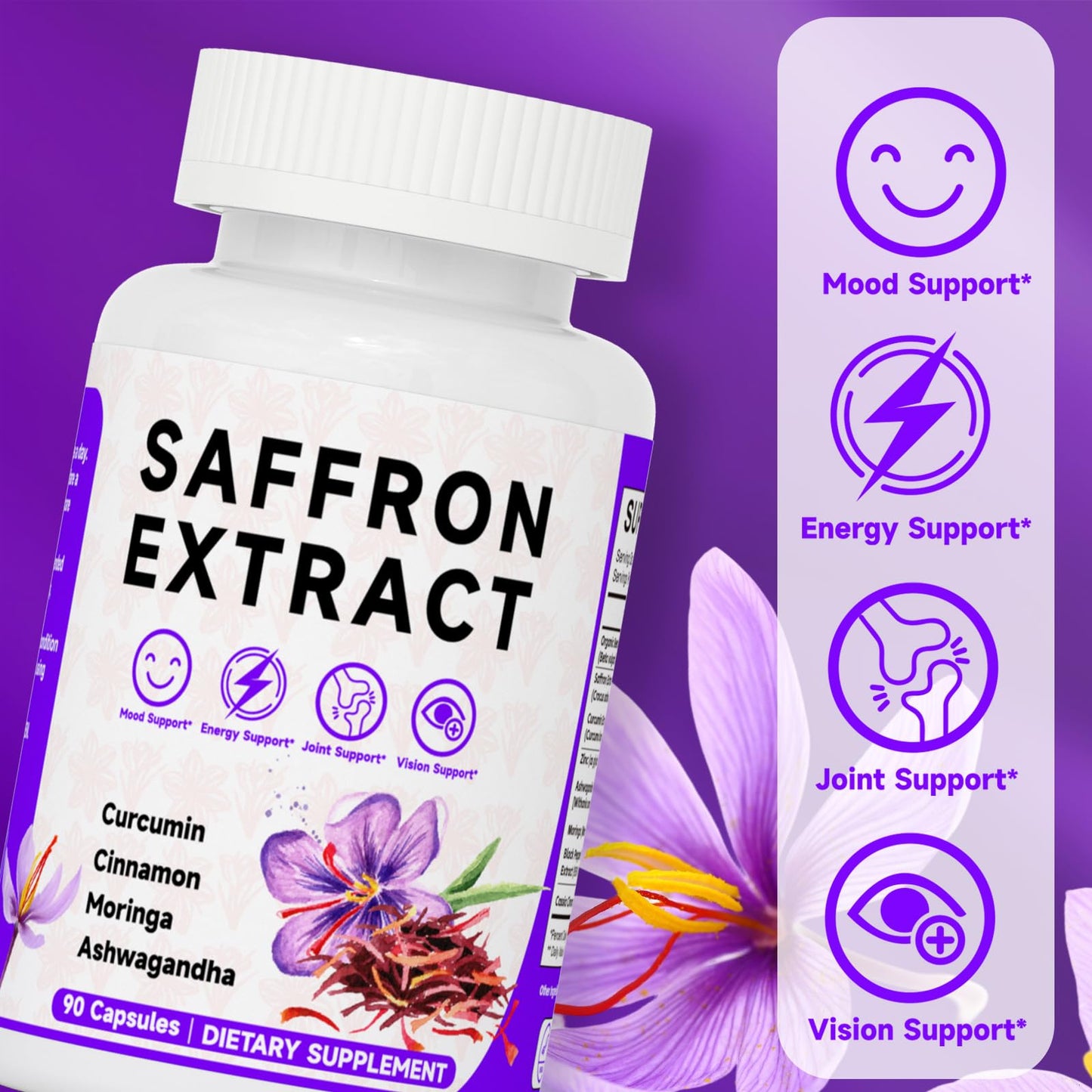 Happy Saffron Supplements, 100mg Saffron Extract, Saffron Blend with Turmeric & Ashwagandha, Supports Mood, Focus, and Energy Boost, 90 Capsules MossllyBuy Supplements Australia