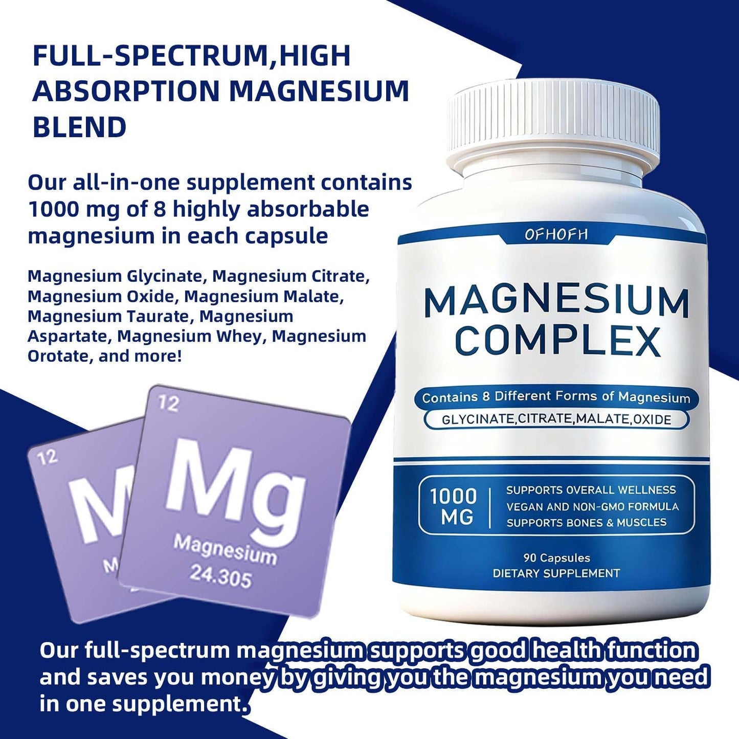 Magnesium Complex Supplement 8 Elemental - Magnesium Glycinate, Citrate, Malate, Oxide | Easy Absorption for Bones, Muscle, Energy, Vegan, Non-GMO 90 Capsules (1pc) OFHOFH buy supplements Au