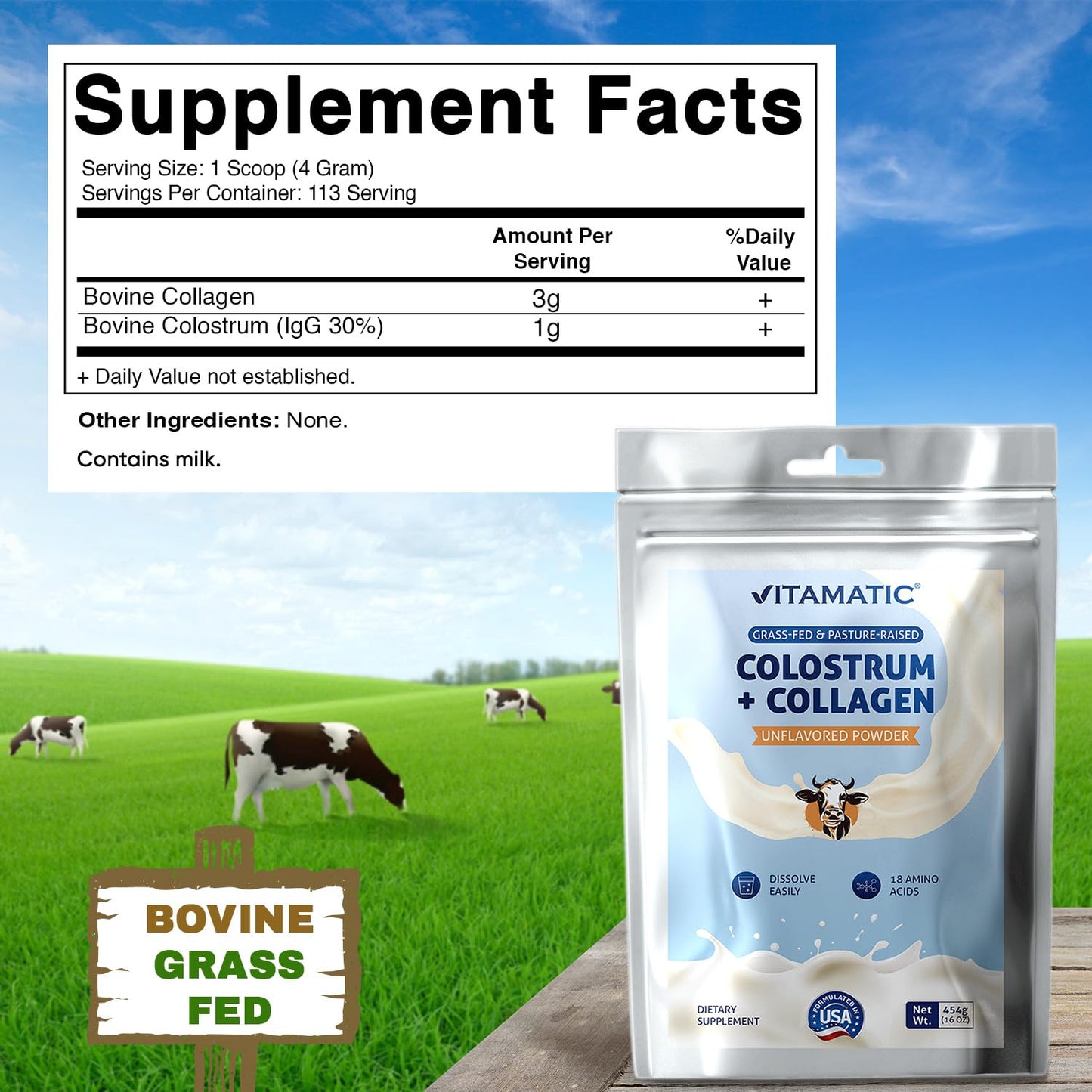 Vitamatic Bovine Colostrum + Collagen Powder - Supplement for Gut Health, Hair Growth, Beauty, Muscle Recovery, & Immune Support - Easy to Mix - Unflavored - 454 Gram, (16 oz) VitamaticBuy Supplements Australia