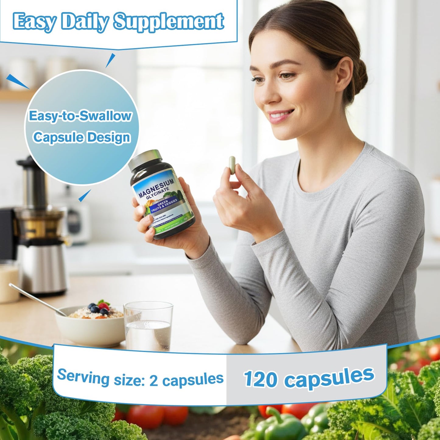 Magnesium Glycinate 500mg with Vitamin D3 – High Absorption Magnesium Supplement with Veggies Design – Supports Bone & Muscle Function and Energy – Non-GMO, Gluten-Free – 120 Veg Capsules FrexNutri buy supplements Au