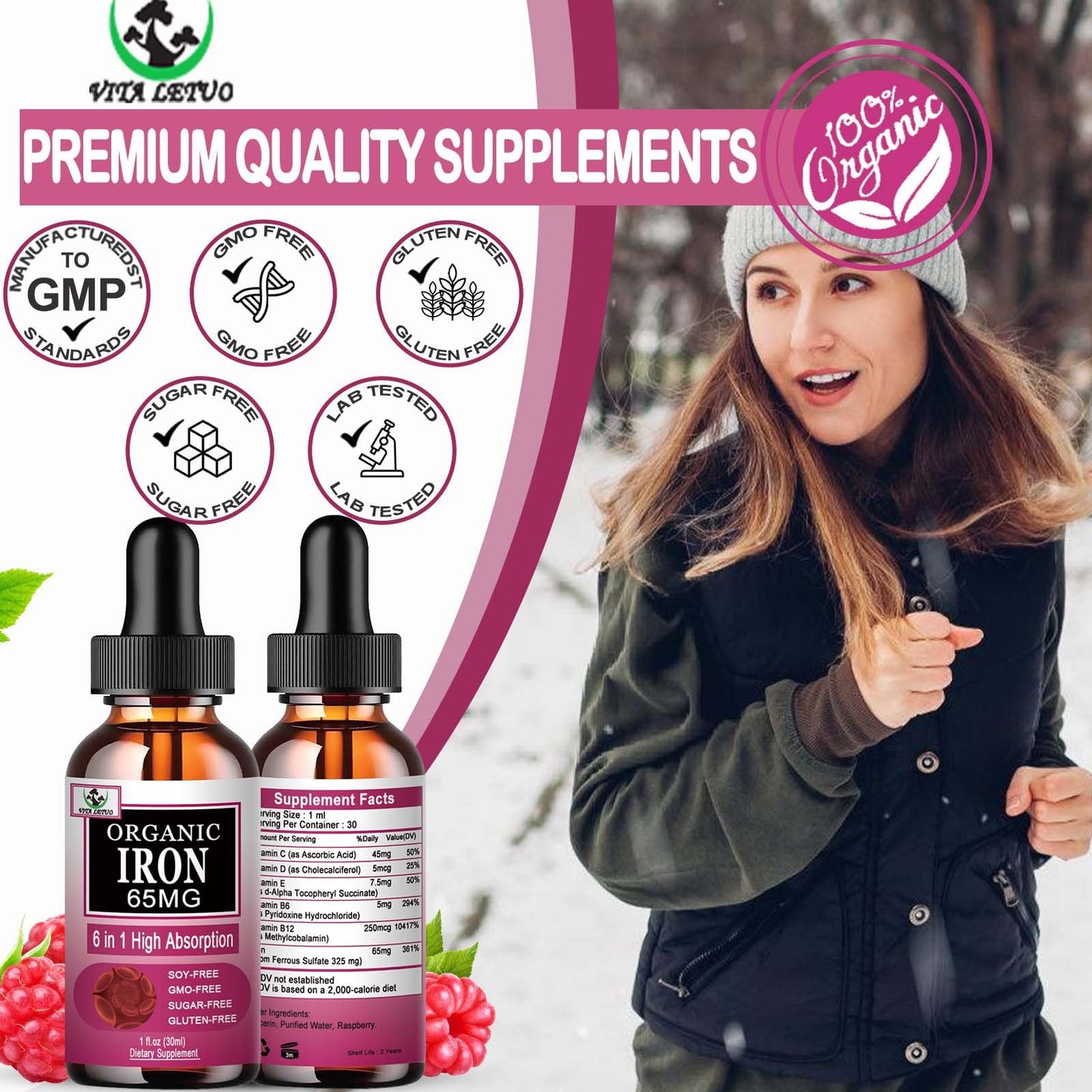 Vita letuo Iron Supplement for Women with Vitamin C,6-in-1 Liquid Supplement w/Vitamin B12,Vitamin B6,High Absorption Liquid Iron Drops for Red Blood Cells