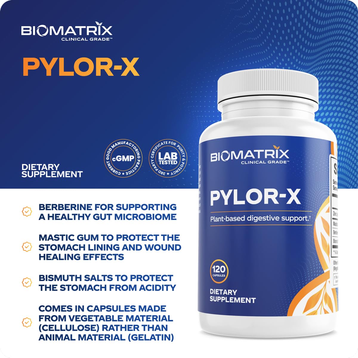 BioMatrix Pylor-X Gut Health Supplement – Mastic Gum, Berberine, Zinc Carnosine & Bismuth Salts for Gastric Support, Digestive Comfort, Stomach Lining Protection - (120 Capsules) 30-60 Day Supply BioMatrixBuy Supplements Australia
