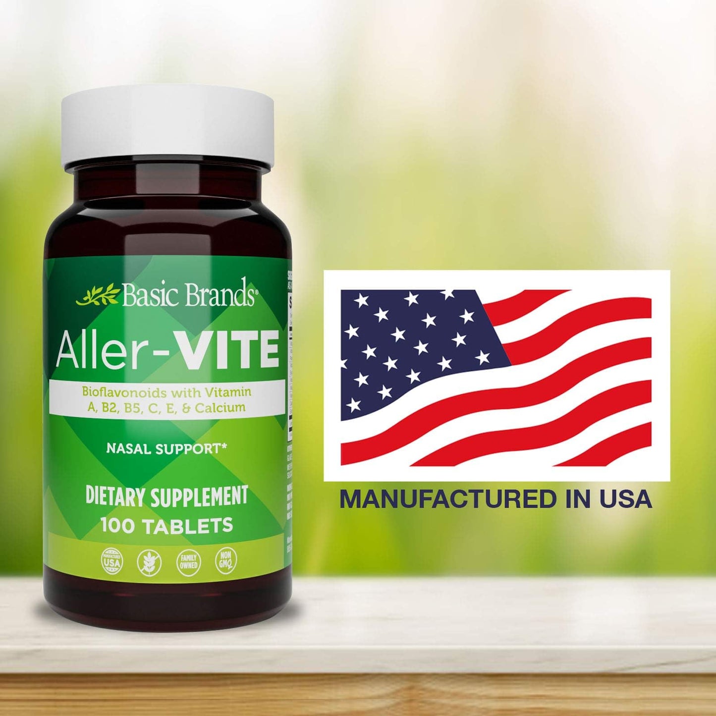 Basic Brands Aller Vite Nasal Support Tablets for Seasonal Allergy Relief, High Bioflavonoid Complex with Vitamins and Calcium, Gluten Free Daily Supplement, 100 Tablets Basic Brands buy supplements Au