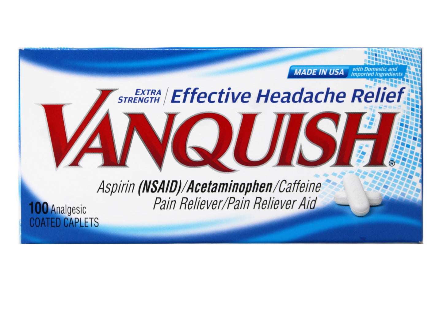 Vanquish Extra Strength Pain Reliever Headache Relief Aspirin Acetaminophen Caffeine 100 Coated Caplets (Pack of 2) VanquishBuy Supplements Australia
