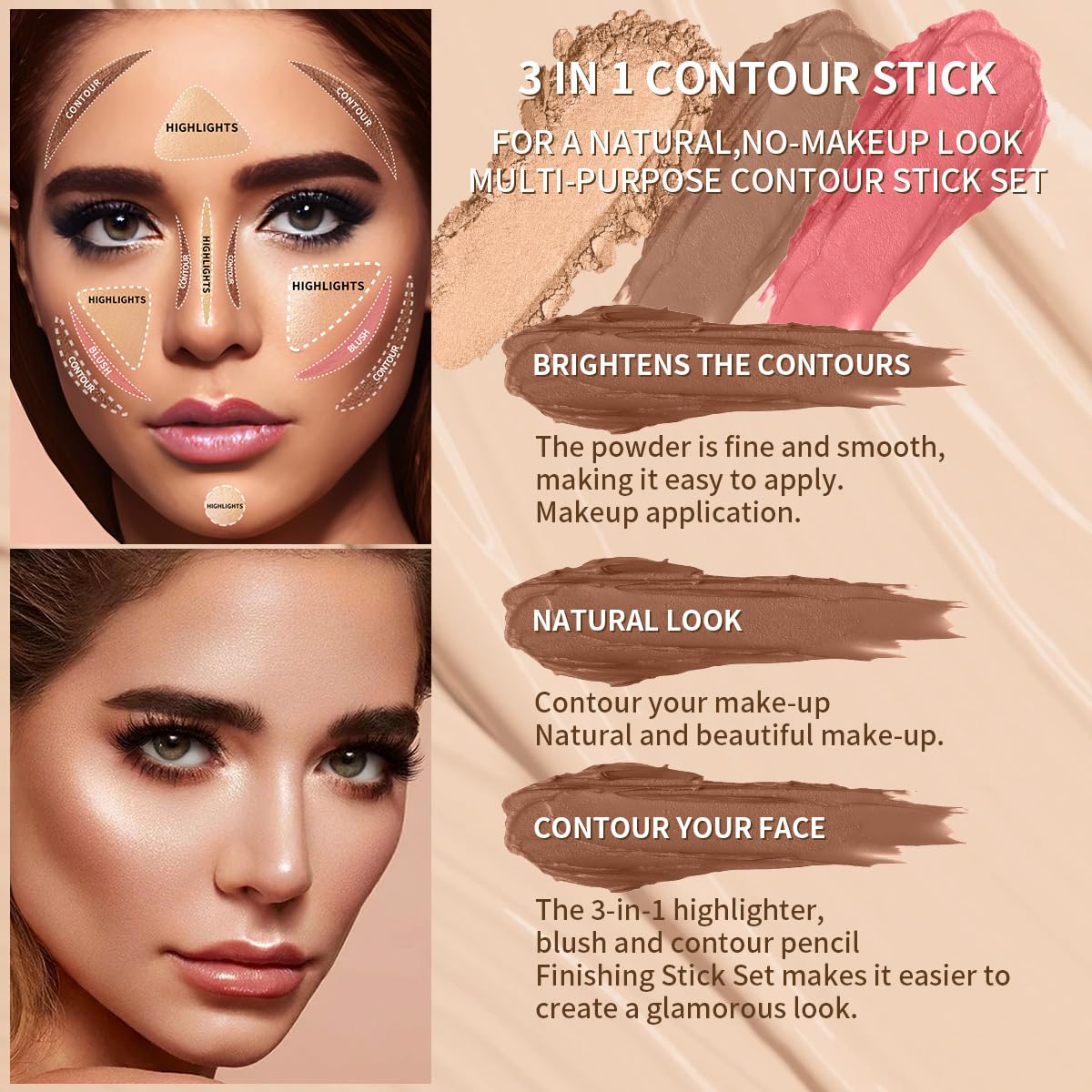 3Pcs Cream Contour Sticks Kit, Highlighter Stick Blush Stick Cream Contour Kit Makeup Set with Brush,Face Brightens & Shades Contour Stick Waterproof for Women QICBuy Supplements Australia