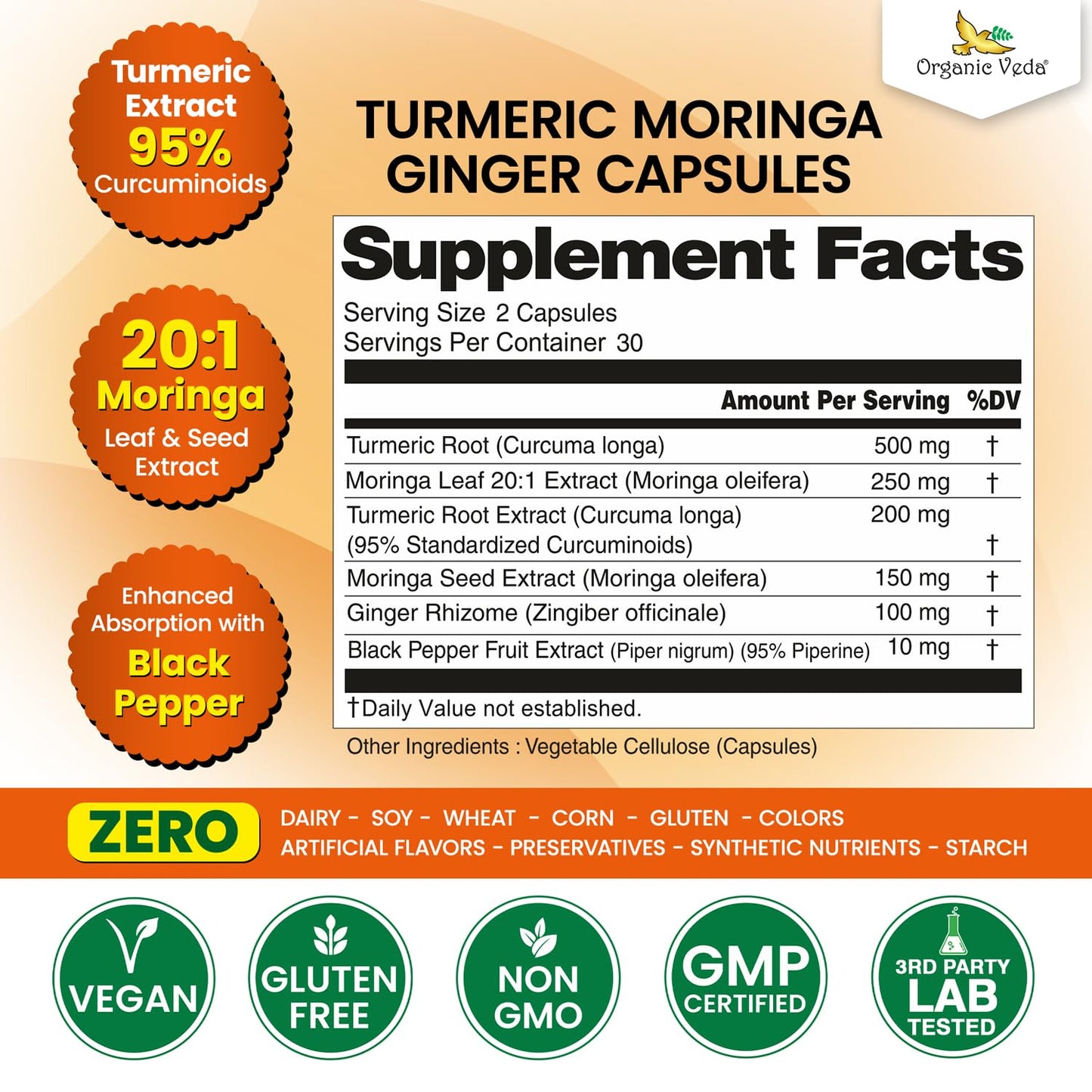 Organic Veda Turmeric Moringa Ginger Capsules - Super Antioxidants & Curcumin Supplement with 20:1 Moringa Leaf & Seed Extract, Black Pepper - Energy, Joints, Heart Health Support - 60 Vegan Pills Organic VedaBuy Supplements Australia