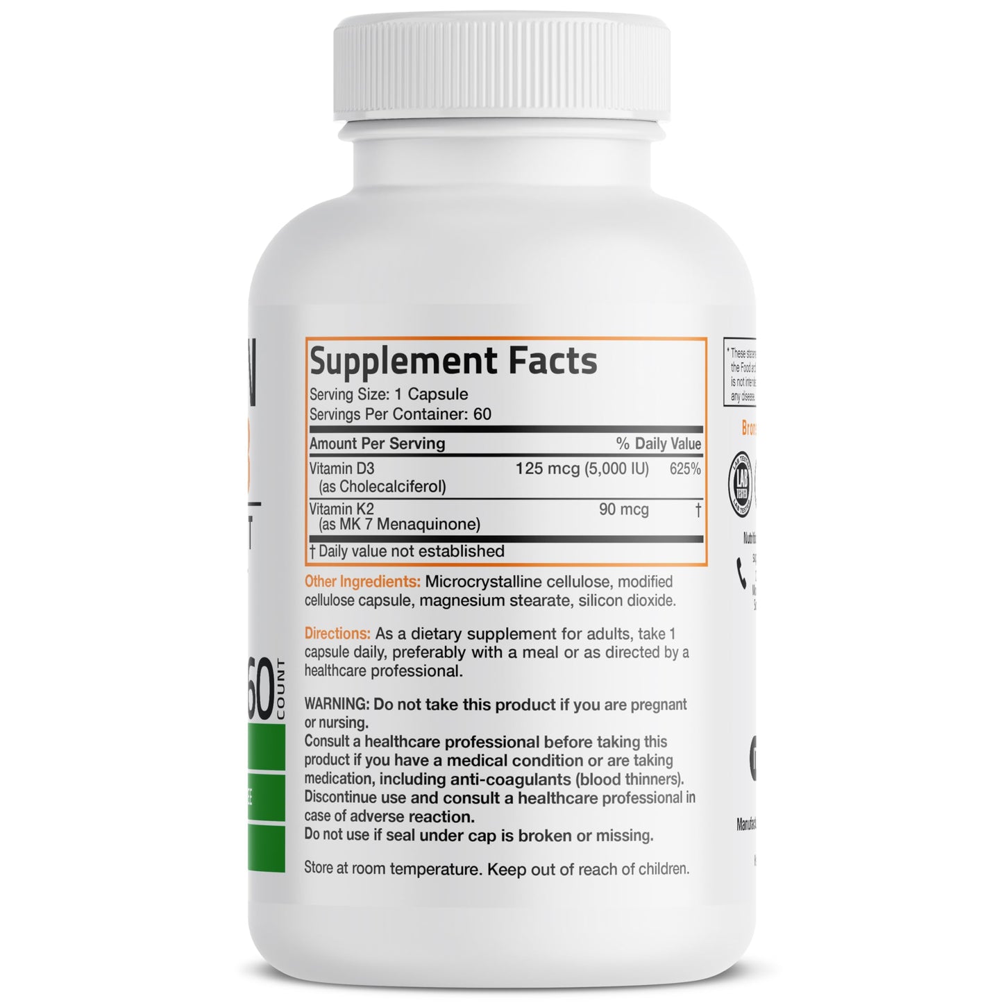 Bronson Vitamin K2 D3 (MK7) Supplement Non-GMO Formula Vitamin D3 5000IU (125 mcg) & 90 mcg K2 MK-7