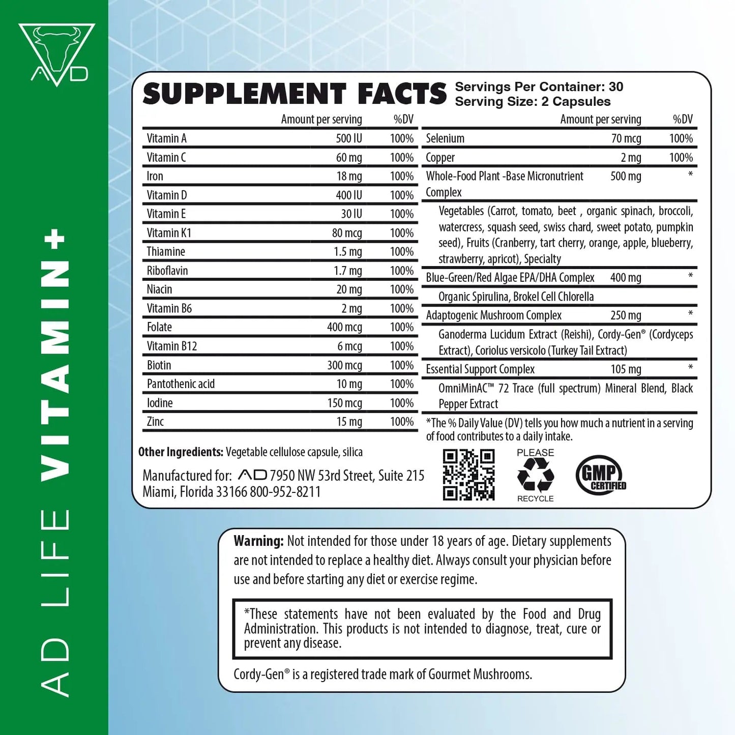 Project AD Vitamin+ Multimineral Multivitamin Supplement Complete Antioxidant, Energy & Immune Support. (60 Servings) PROJECT AD LLC