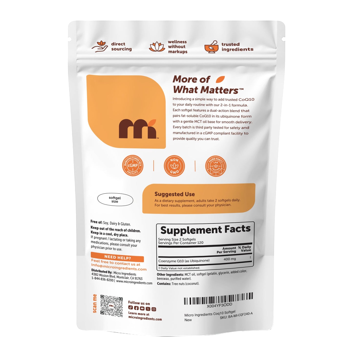 Micro Ingredients CoQ10 400 mg Per Serving, 240 Softgels | Made with Coconut MCT Oil | Coenzyme Q10 (Ubiquinone) | Non-GMO