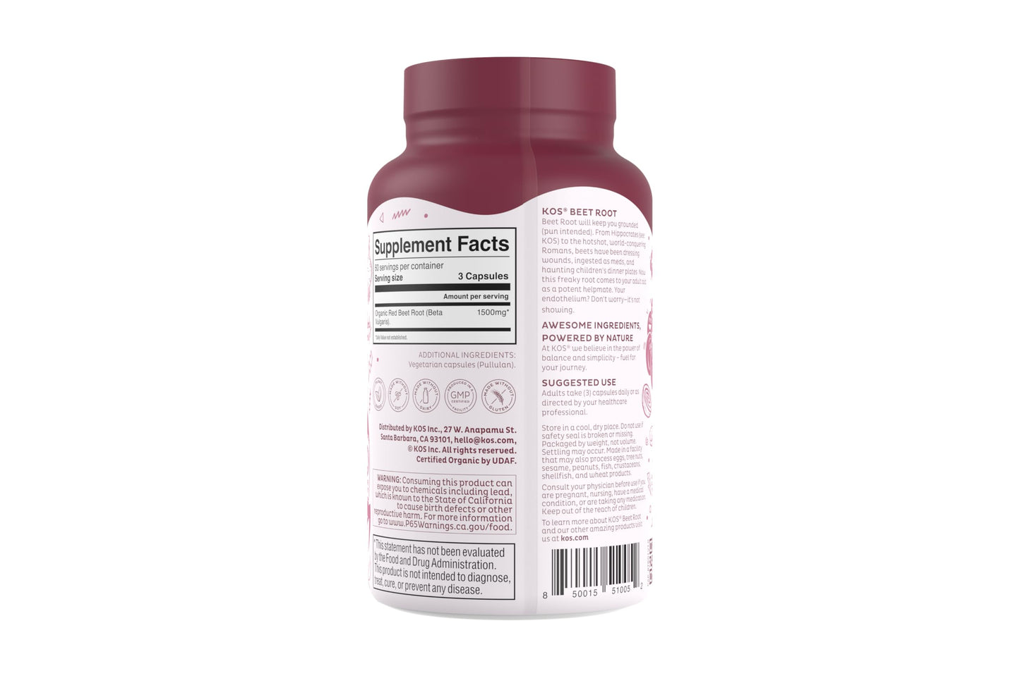 KOS Organic Beetroot Capsules 1500mg - USDA Organic, Antioxidant Power from Organic Beet Root Superfood, Supports Healthy & Active Lifestyle - Non-GMO,