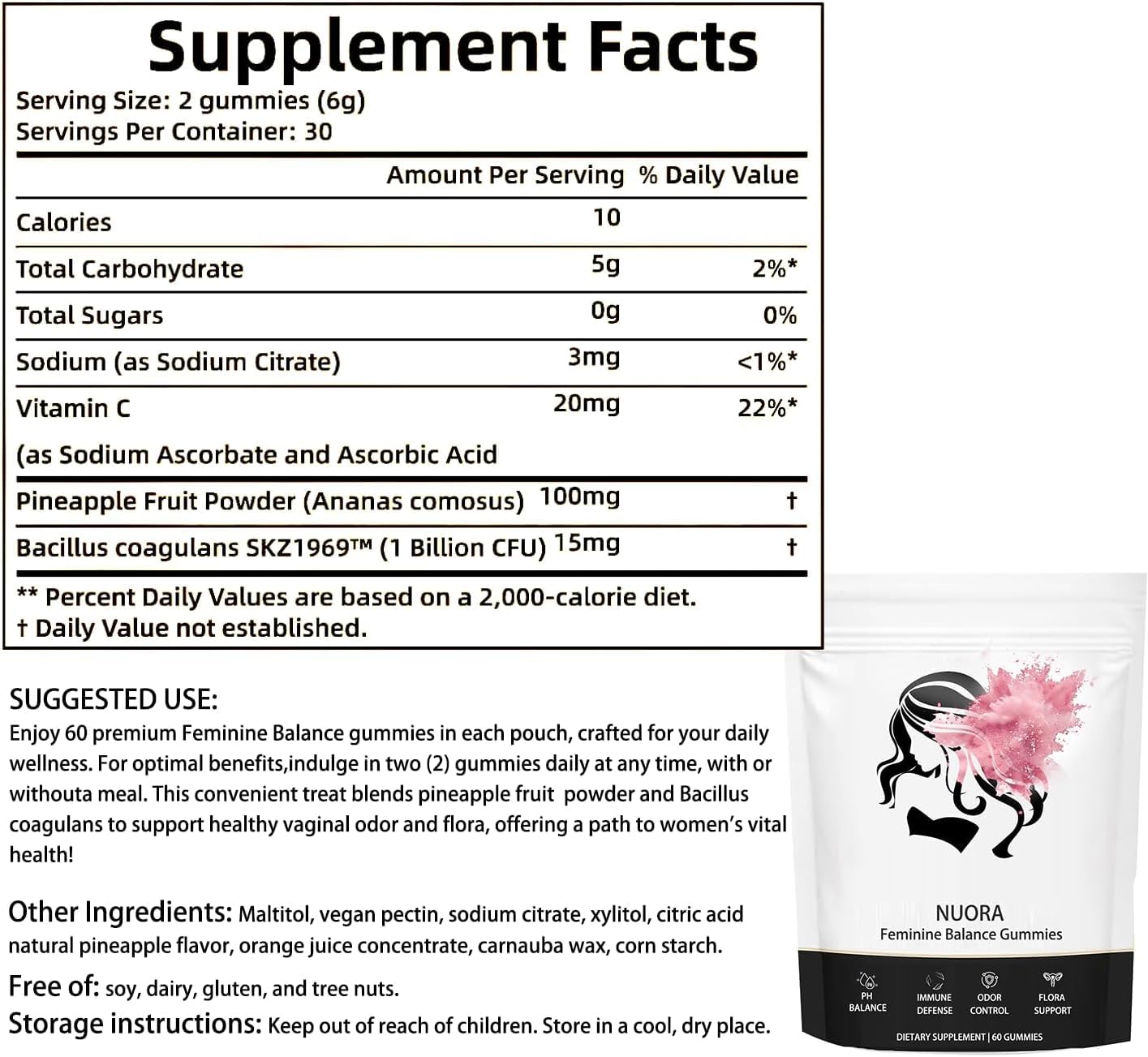 nuora Feminine Balance Gummies, Vegan Hawaiian Pineapple, pH Balance, Healthy Odor, Flora and Immune Support,