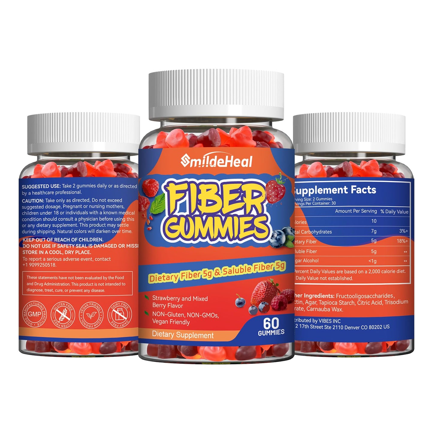 SmildeHeal Fiber Gummies, Dietary Fiber, for Women and Men, Gut Health Support, Non-GMOs, Non-Gluten, Vegan, Mixed Berry
