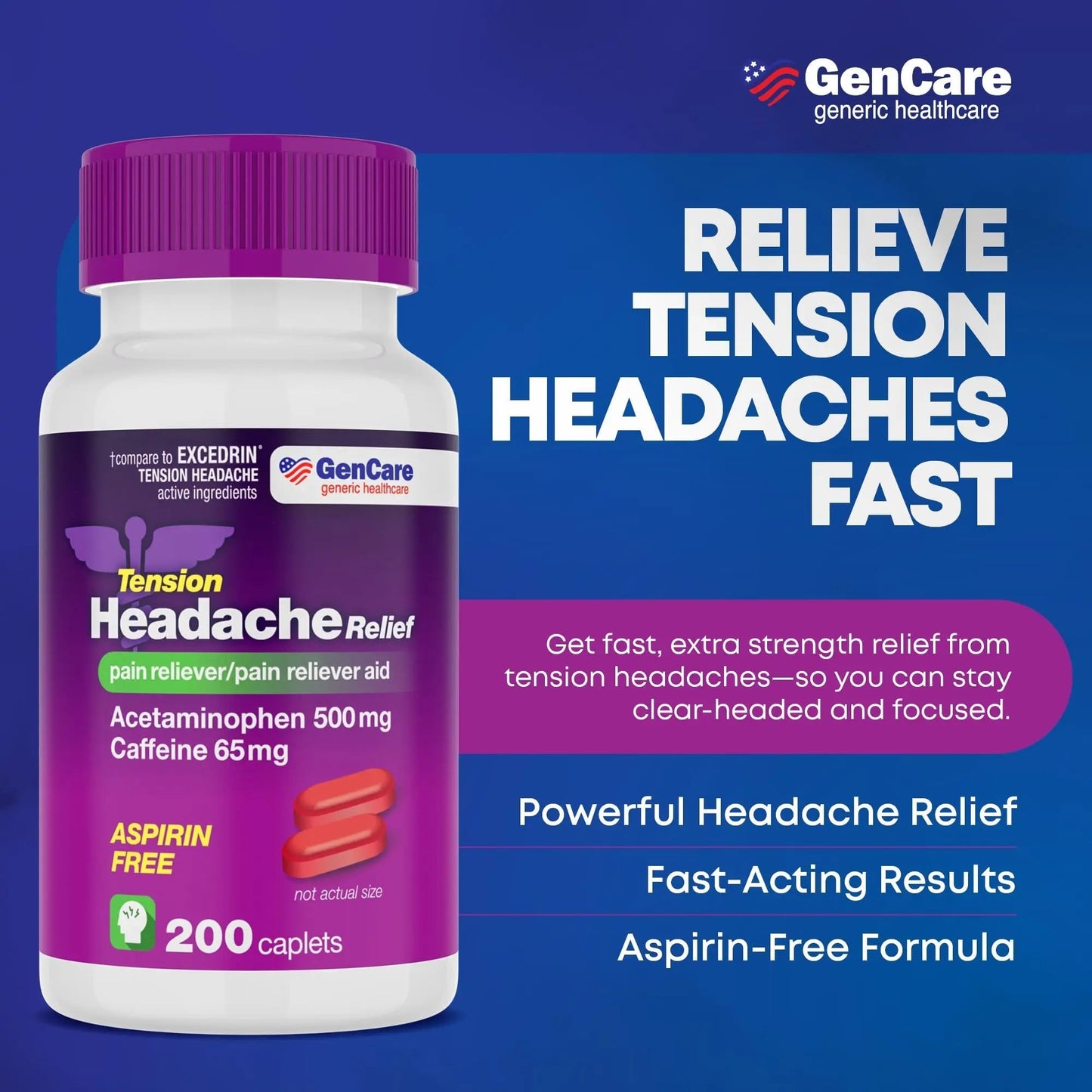 GenCare - Tension Headache Relief Pain Reliever with Acetaminophen 500 mg & Caffeine 65 mg (200 Caplets) Best Value Bulk Extra Strength for Head, Migraine, Joint Pain & Body Ache Relief Medicine GenCareBuy Supplements Australia