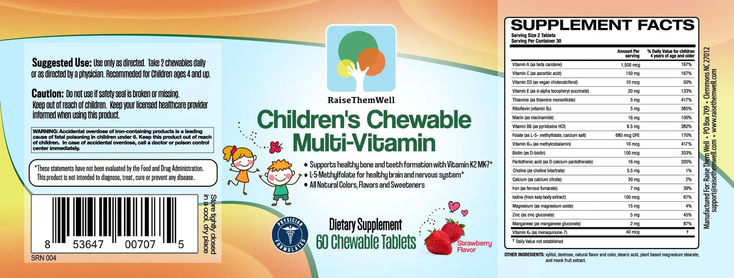Raise Them Well Tasty Chewable Kids Multivitamin, All-Natural Colors, Flavors & Sweeteners, Daily Essential Vitamins for Children, Easy-to-Chew Vitamins, Strawberry Raise Them Well