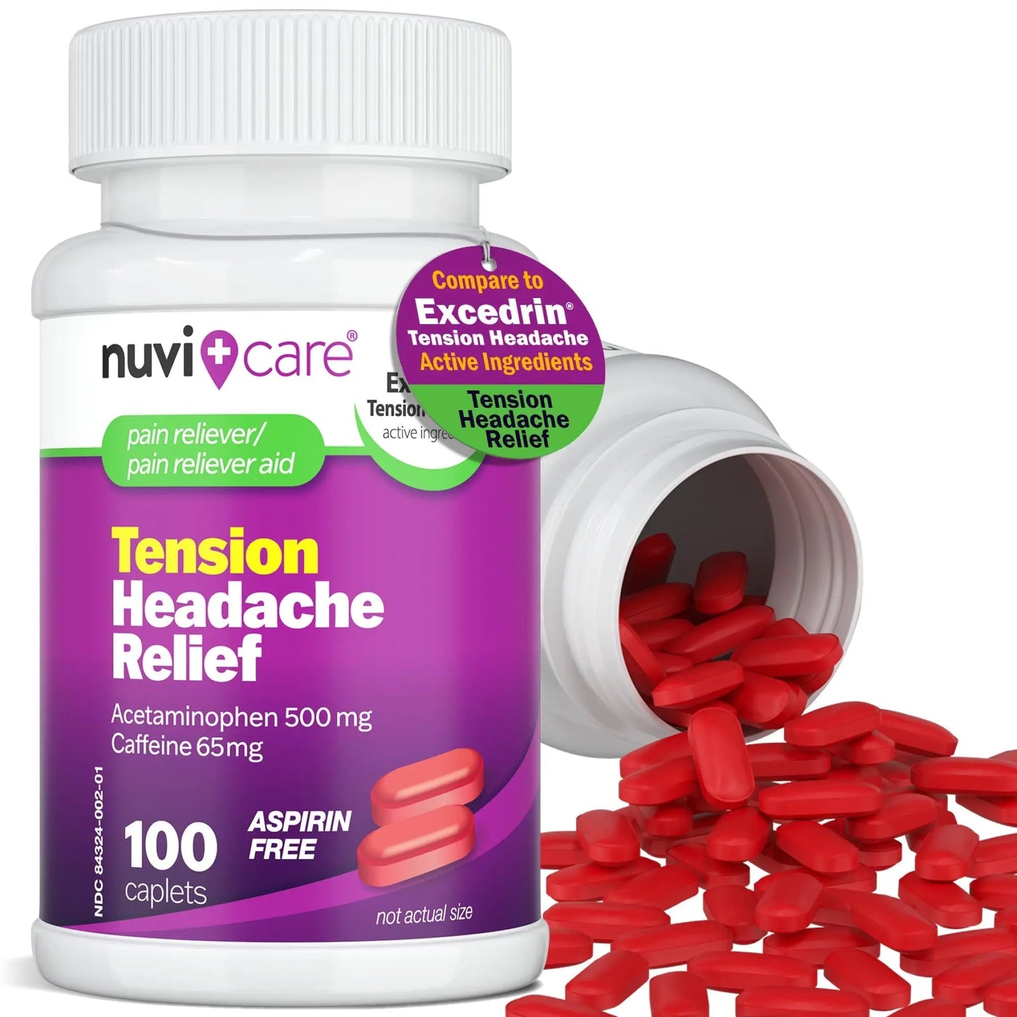 Nuvicare Tension Headache Relief Pills with 500mg Acetaminophen and 65mg Caffeine - Non Aspirin Pain Reliever Aid - Compare to Active Ingredient in Aspirin Free Excedrin Tension Headache (100 Caplets) NUVICAREBuy Supplements Australia