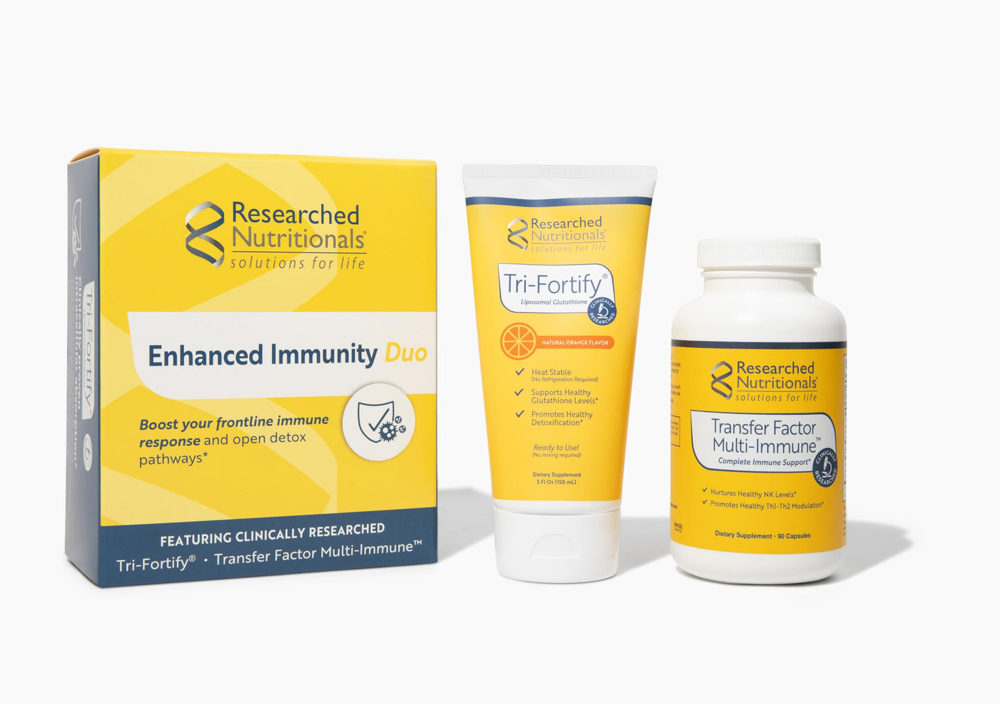 Researched Nutritionals Liposomal Glutathione (450mg) + Colostrum & Mushrooms Supplement for Immune Support - Enhanced Immunity Duo - Tri-Fortify Orange + Transfer Factor Multi-Immune (2 Piece Set) Researched Nutritionals buy supplements Au