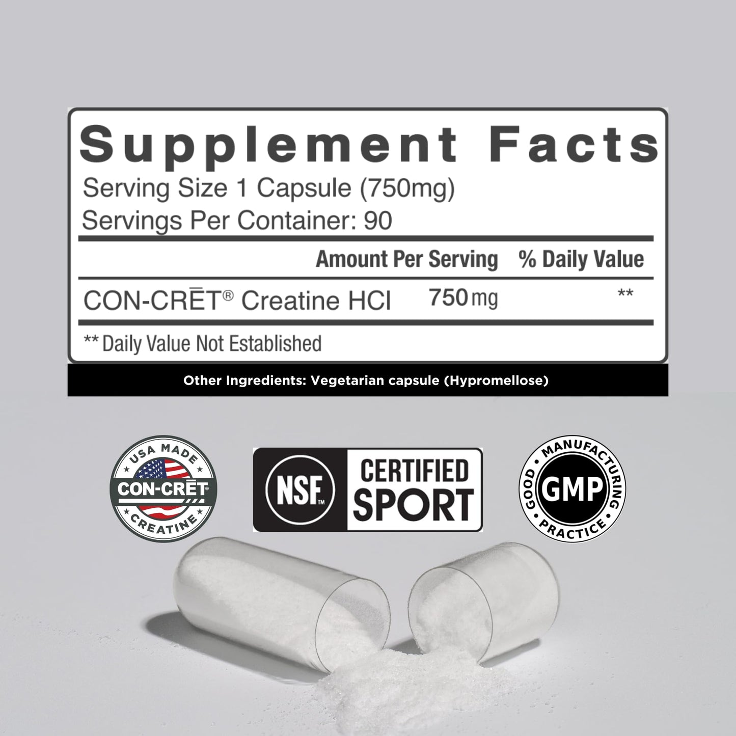 CON-CRET Creatine HCl Capsules | Muscle, Cognitive, Cellular Energy Support | No Bloating or Cramps | USA Made & NSF Certified