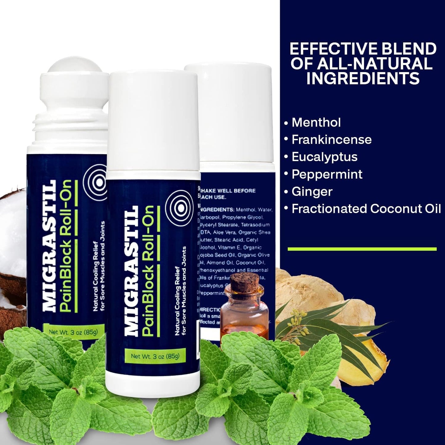 Migrastil PainBlock Roll-On 3 oz - Topical Roll-On for Muscle Aches, Cramps, Joint & Nerve Discomfort. Works Great on Shoulders, Neck, Feet, Knees, Legs, Back, Elbows, HIPS, Etc. (2) Basic VigorBuy Supplements Australia