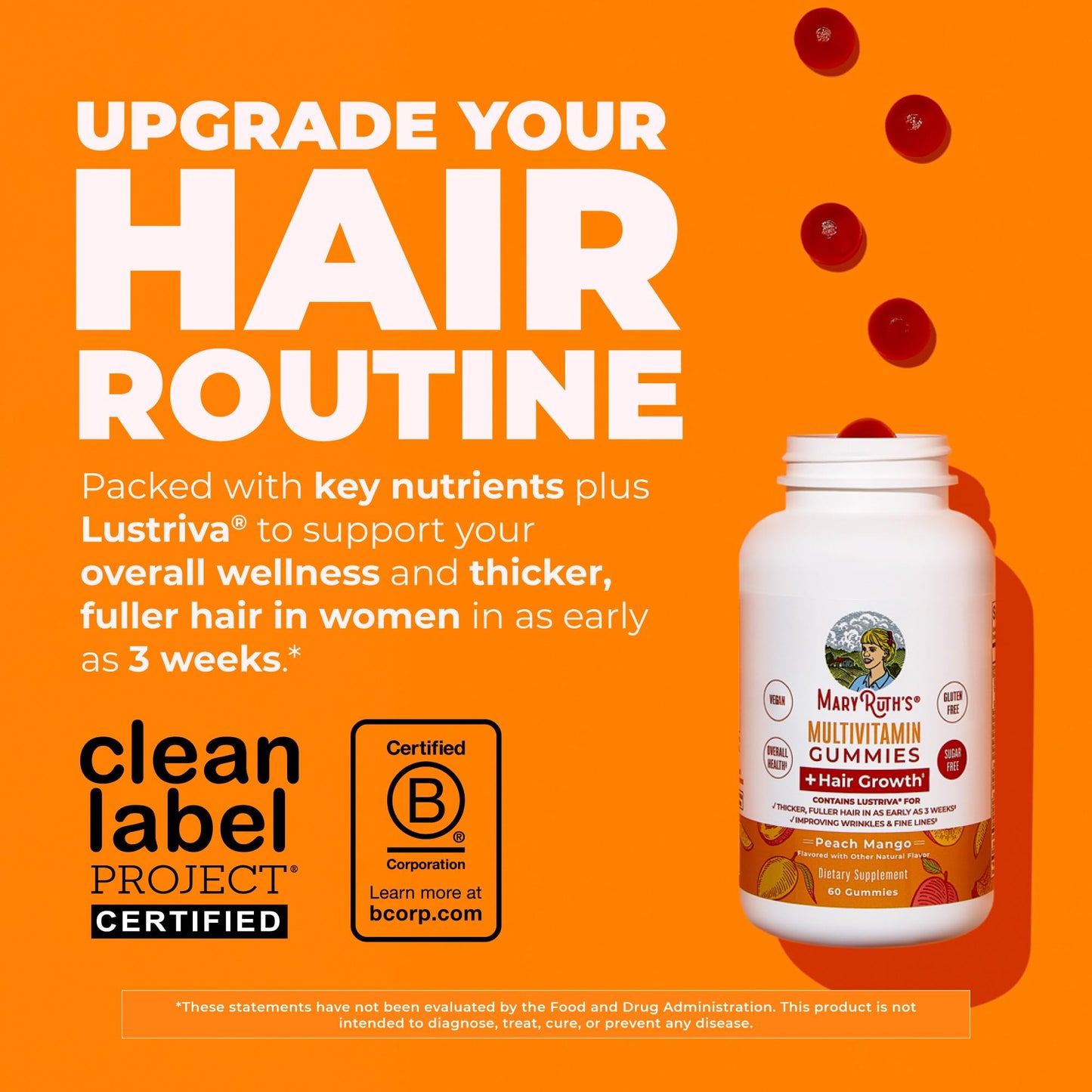 MaryRuth's Multivitamin + Hair Growth Gummies | with Lustriva® | Biotin 10000mcg | B Vitamins | Formulated for Thicker Hair, Wrinkles, Fine Line