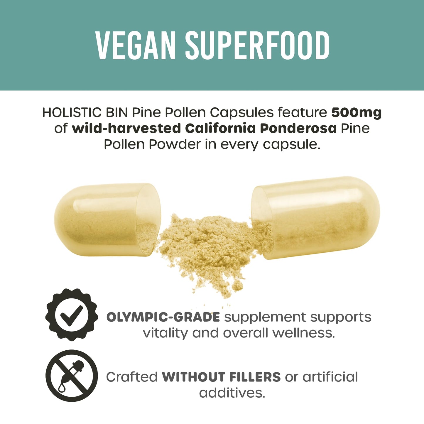 Holistic Bin Pine Pollen Capsules 500mg (Pinus Ponderosa) - Wild Harvested California Ponderosa Pine Pollen Powder - Olympic Grade - Organic, Non-GMO, No Fillers - 30 Day Supply (40 Capsules) Holistic BinBuy Supplements Australia