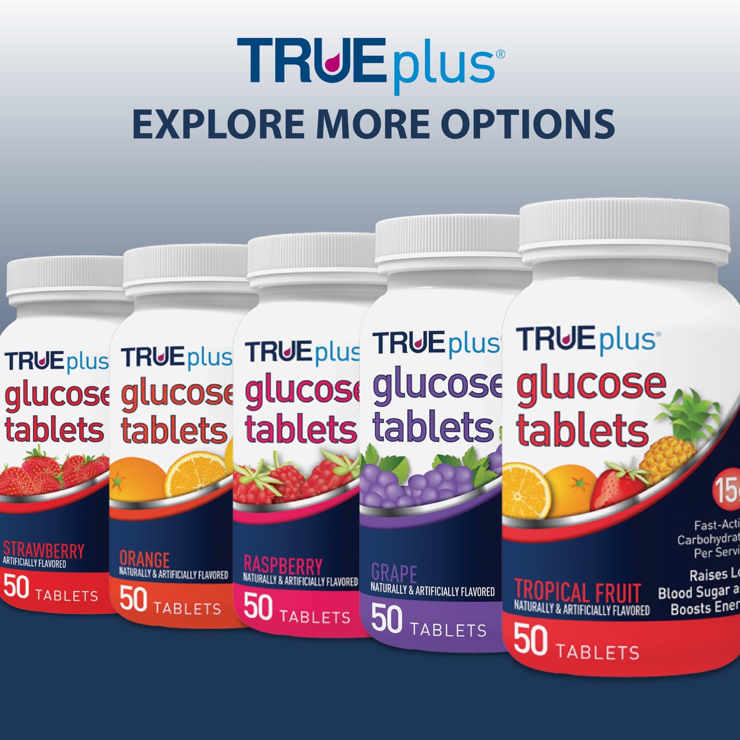 TRUEplus Glucose Tablets, Chewable, Grape Flavor, 15g Fast-Acting Carbohydrates, Fat Free, Gluten Free, Boost Energy, 50 Count, 3 Bottles