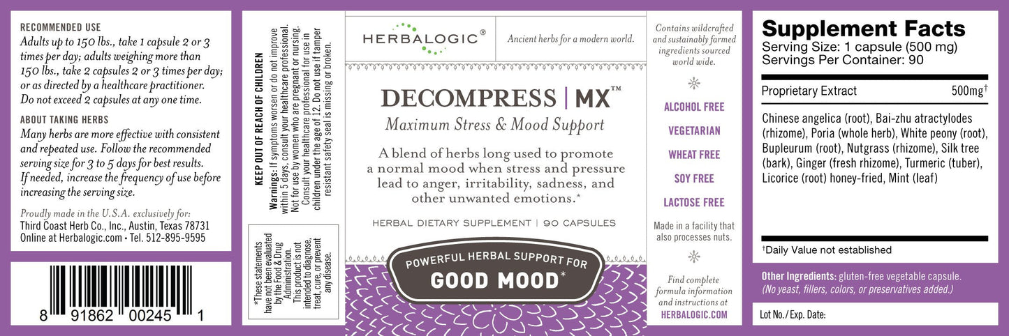Herbalogic - Decompress MX Herb Capsules - Maximum Stress & Tension Relief - Reduces Anger & Moodiness, Positive Mood Support - Based on the Traditional Chinese Formula Xiao Yao San - 90 Cap Count HerbalogicBuy Supplements Australia