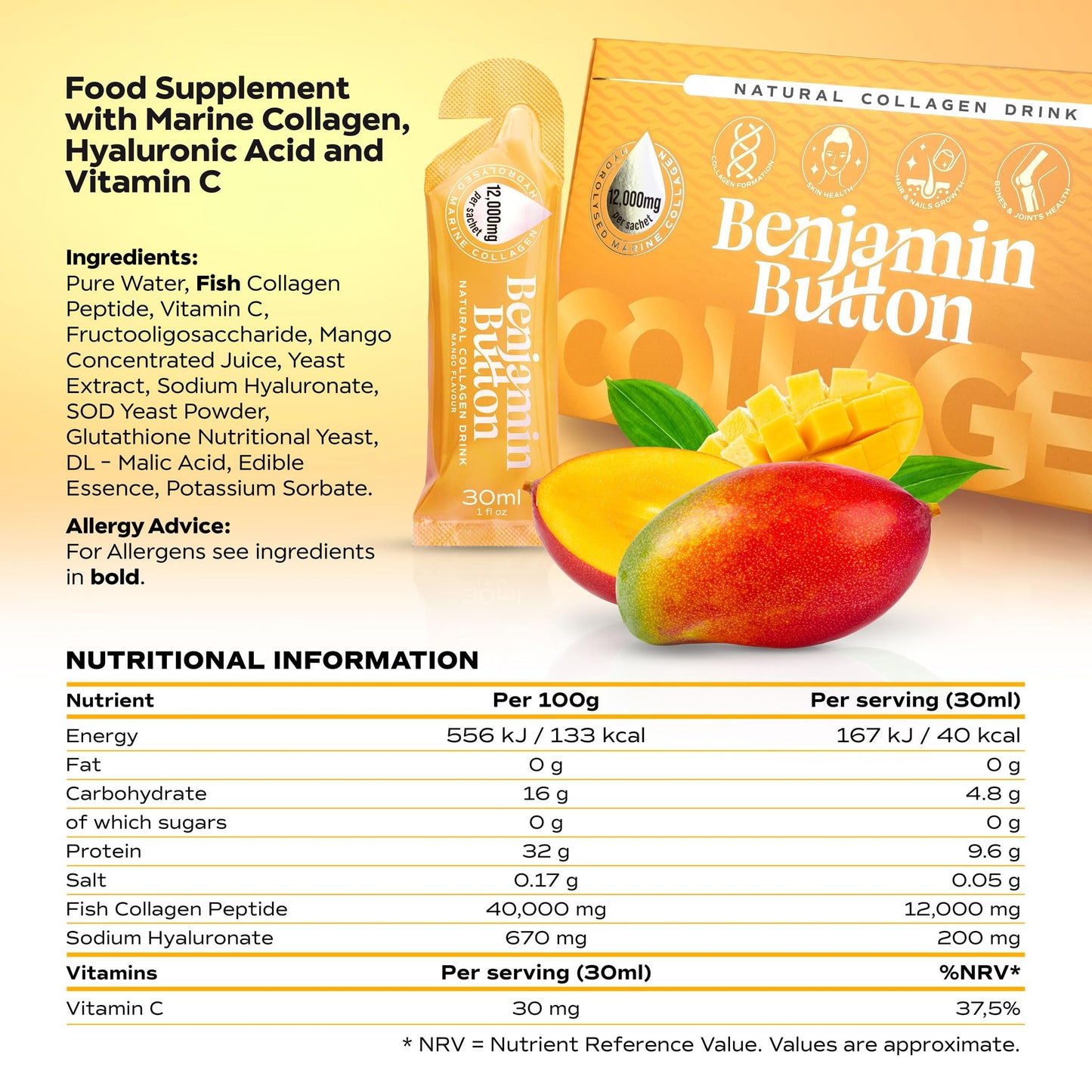 Benjamin Button 12,000mg Marine Collagen Liquid Shots| High Strength Hydrolyzed Marine Collagen Peptides w/Hyaluronic Acid & Vitamin C for Skin, Hair & Joints | Mango, 14 Daily Servings 30ml Benjamin Button buy supplements Au