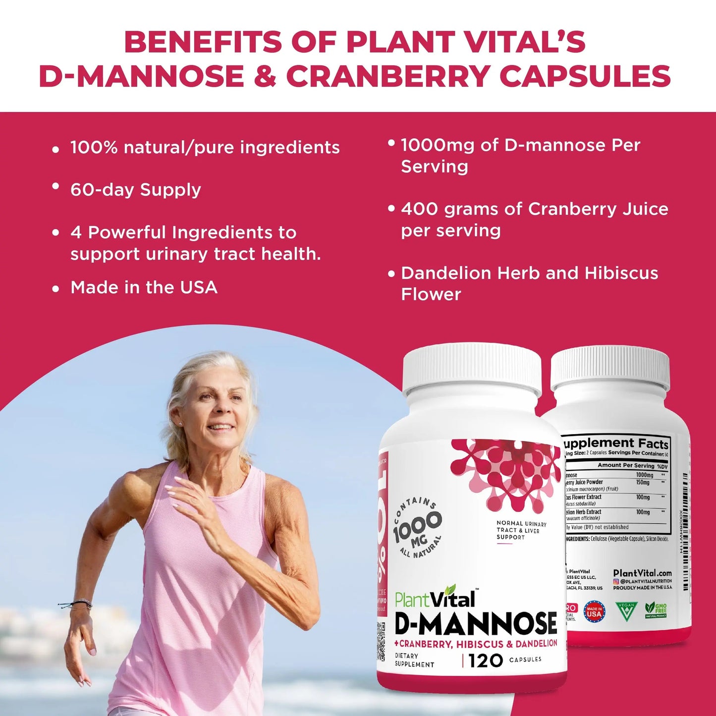 Plantvital D Mannose Capsules with Cranberry - D-mannose 1000mg Capsules - High Potency for Bladder, Kidney and Urinary Tract Support. Cranberry Powder with Hibiscus and Dandelion. 2 Months Supply PlantvitalBuy Supplements Australia