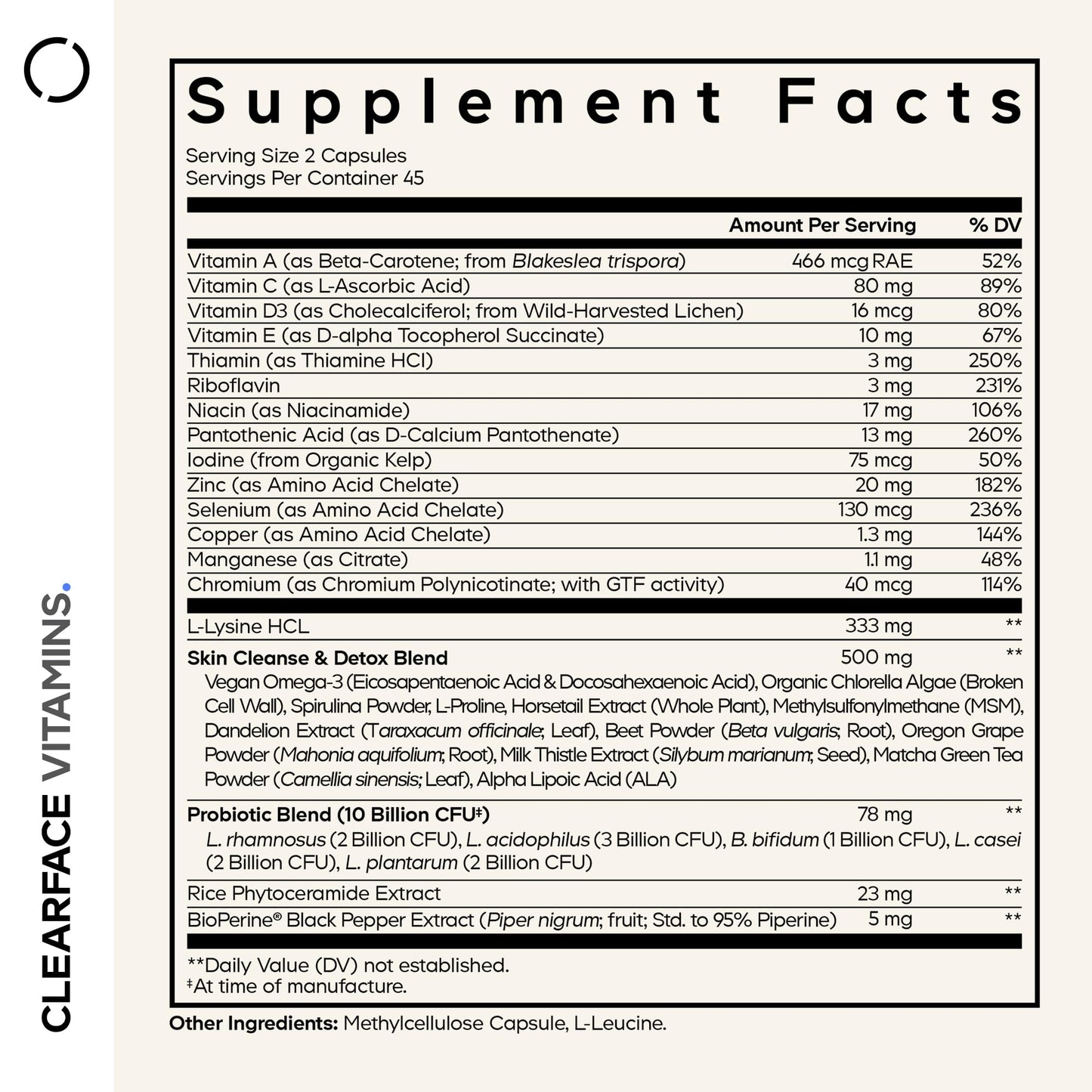 Codeage Clearface Pantothenic Acid, Niacin Supplement, Vitamins A, C, D3, E, Probiotics, Zinc, Riboflavin, Thiamin, L-Lysine HCL & Omega-3, Niacinamide, Skin Botanical Blend - Non-GMO - 90 Capsules CodeageBuy Supplements Australia