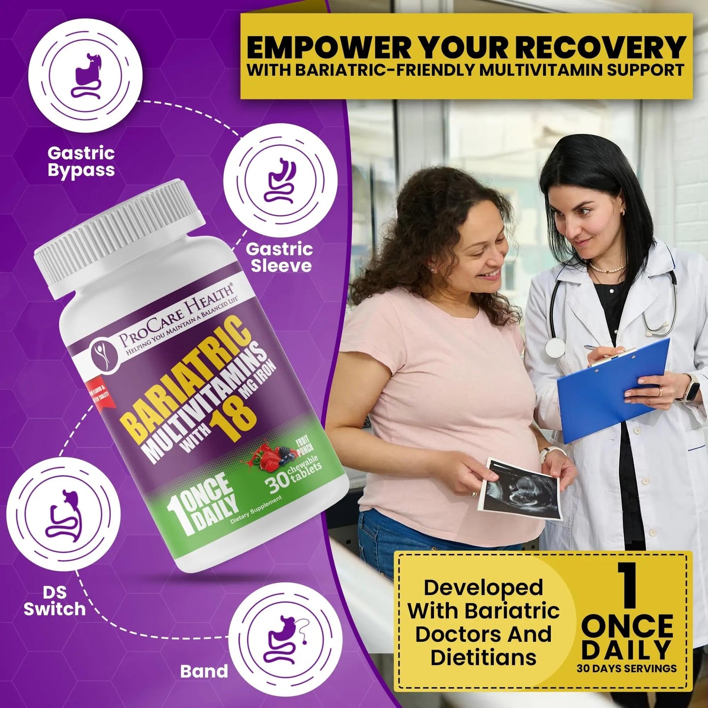 ProCare Health Bariatric Chewable Multivitamin with Iron 18mg (30 Tablets) - Fruit Punch Flavor Bariatric Multivitamin Chewable ProCare Health