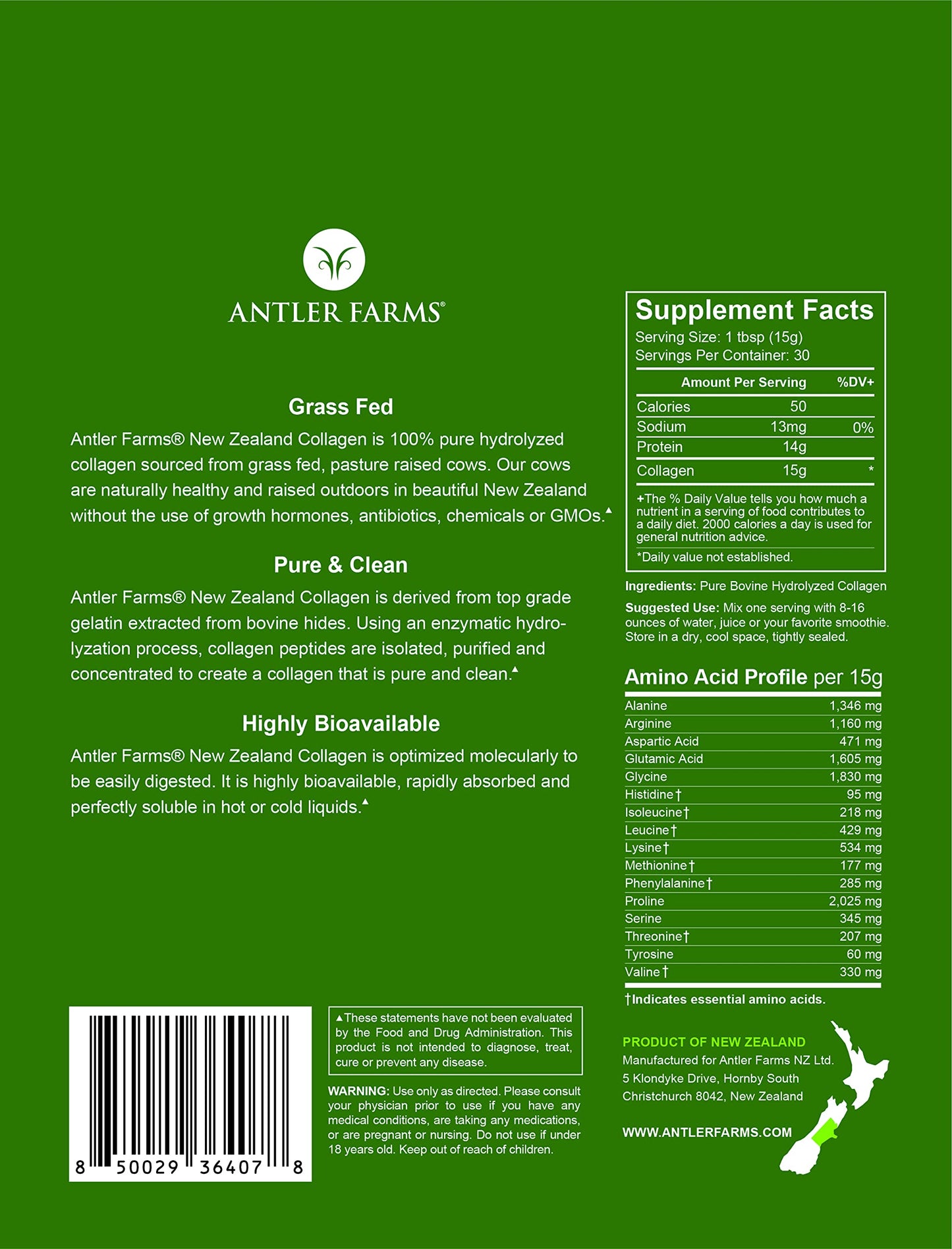 Antler Farms - 100% Pure New Zealand Collagen Powder from Grass Fed Cows, Unflavored, 1 lb - Hydrolyzed Cold Water Soluble Peptides, Keto Friendly, Bioavailable, Quick Dissolving Antler Farms buy supplements Au