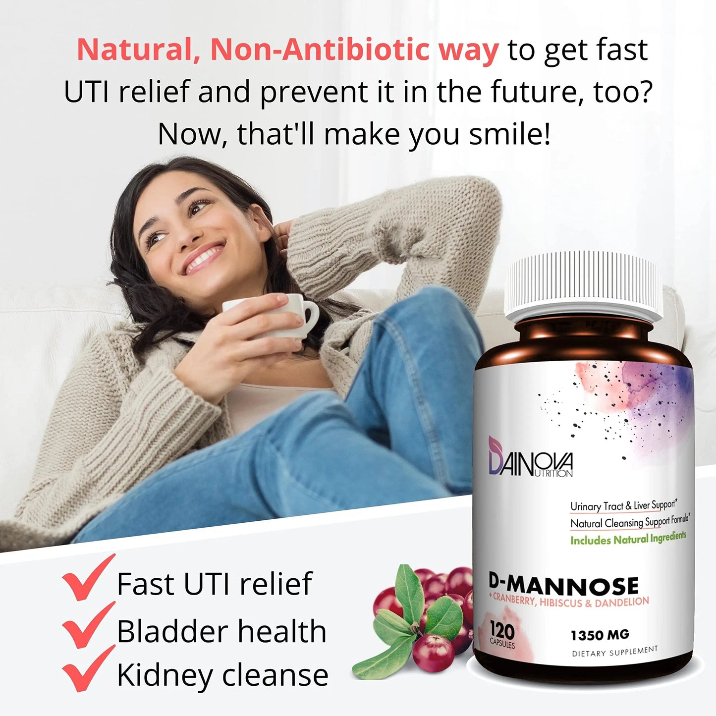 Dainova D Mannose 1350mg with Cranberry I D-Mannose Capsules for UTI Prevention, Urinary Tract Support, Urinary Tract Health for Women, & Cleanse. W/Hibiscus & Dandelion, 120 Veggie Capsules Dainova NutritionBuy Supplements Australia