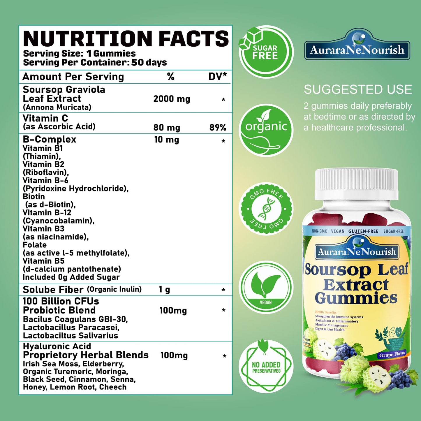 AuraraNeNourish Sugar Free Soursop Gummies with Probiotics & Fiber 100 Billion CFUs, Organic Soursop Leave Extract with Vitamin C B-Complex for Digestive Gut Health, Energy Balance, Immune Boost AuraraNeNourishBuy Supplements Australia
