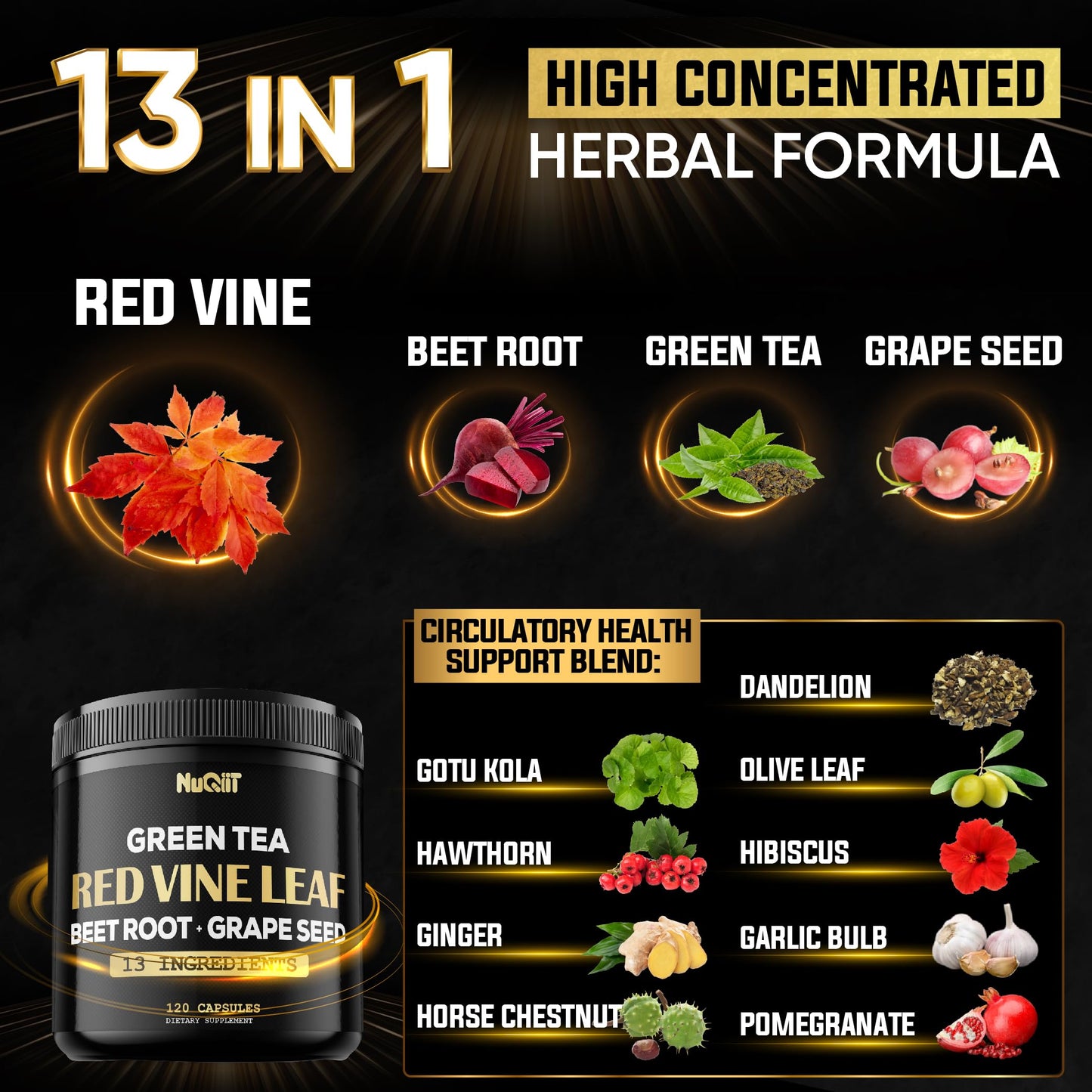 Red Vine Leaf Extract 15000mg Beet Root 3000mg Organic Green Tea 3000mg Supplement & More - Support Heart Health, Strength, Immune System & Body Management - 120 Vegan Capsules for 2-Month Supply NUQIITBuy Supplements Australia