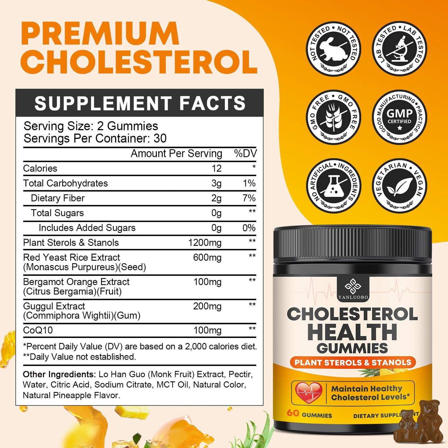Cholesterol Supplements with 1200mg Plant Sterols & Stanols, Guggul, Bergamot, Red Yeast Rice, Cholesterol Complex Gummies Support Healthy Cholesterol Levels, Pineapple Flavor, 60 Counts YANLUOBOBuy Supplements Australia