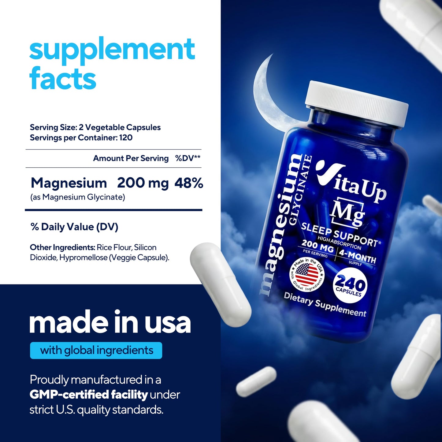 VitaUp Magnesium Glycinate 200mg - USA Made, Highly Absorbed, Non-GMO Magnesium for Relaxation, Deep Sleep, Bones & Heart - 200mg per Serving, 120 Vegan Capsules VitaUpBuy Supplements Australia