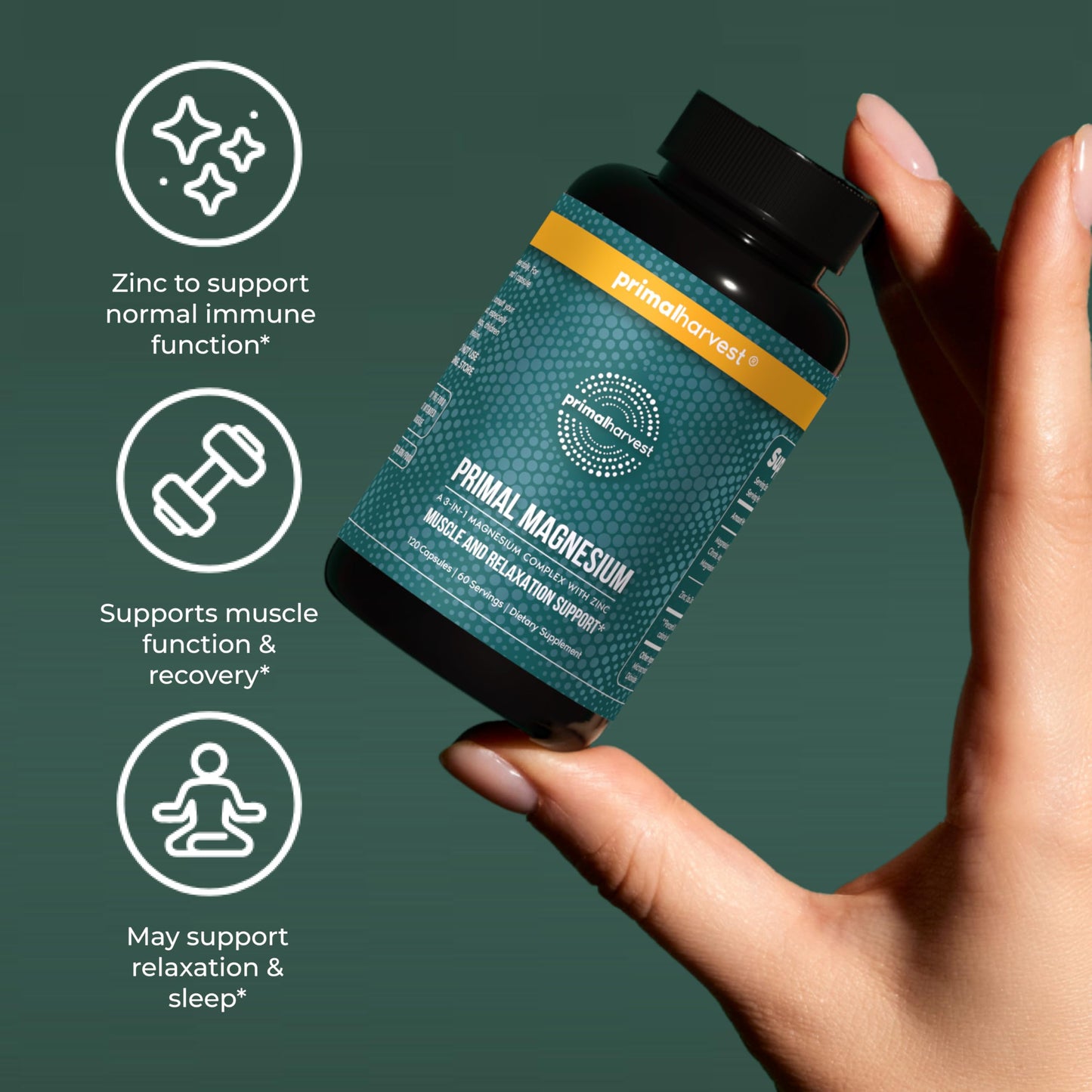 Magnesium Supplement Complex 310mg by Primal Harvest with Magnesium Glycinate, Citrate, Malate, and Zinc 120 Capsules