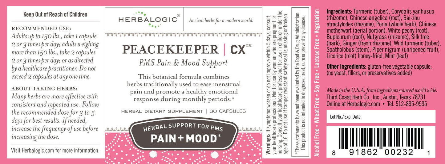 Herbalogic - Peacekeeper CX Herb Capsules - Reduces PMS Related Mood Swings - Reduces Cramps & Pain Associated with Monthly Periods - Contains Turmeric & Corydalis - 30 Cap Count HerbalogicBuy Supplements Australia