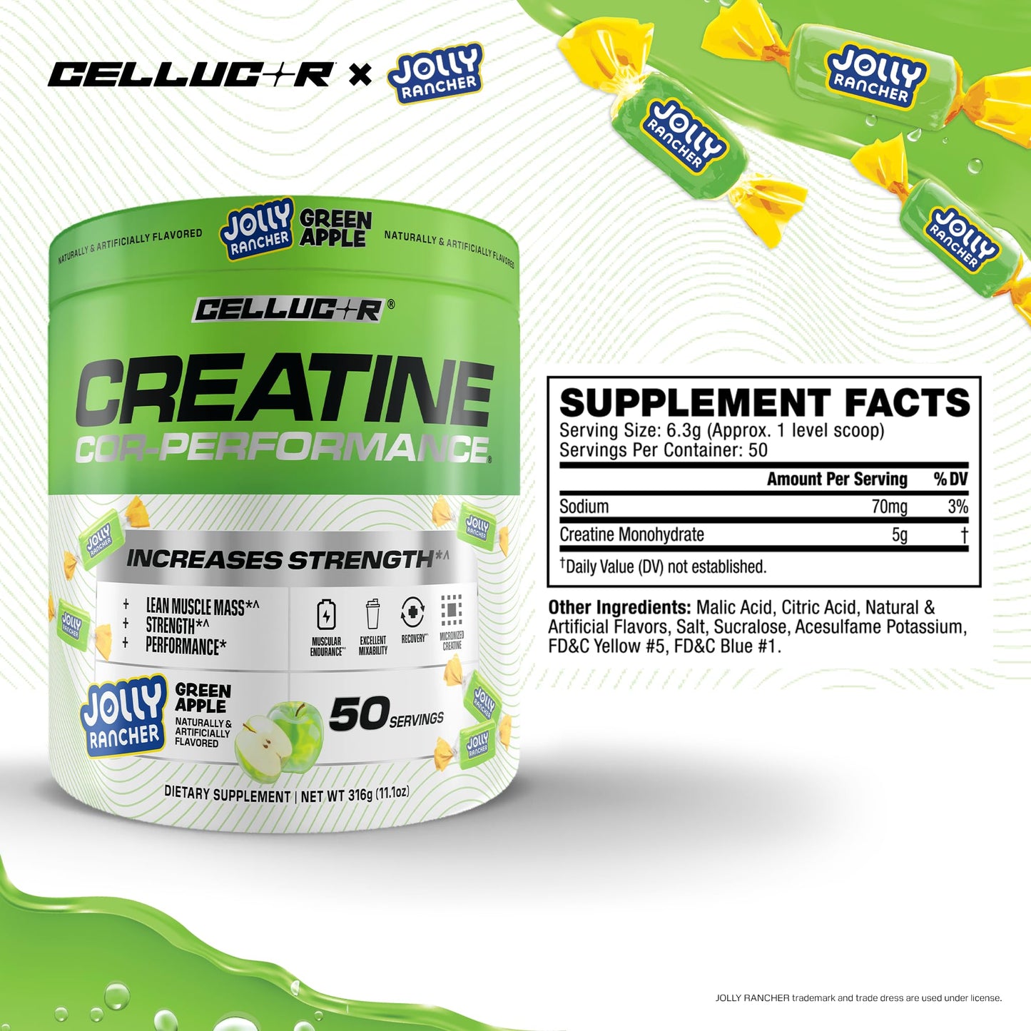 Cellucor Creatine Powder, Jolly Rancher Green Apple - Increases Strength, Lean Muscle Mass & Endurance, Micronized Creatine for Fast Absorption,