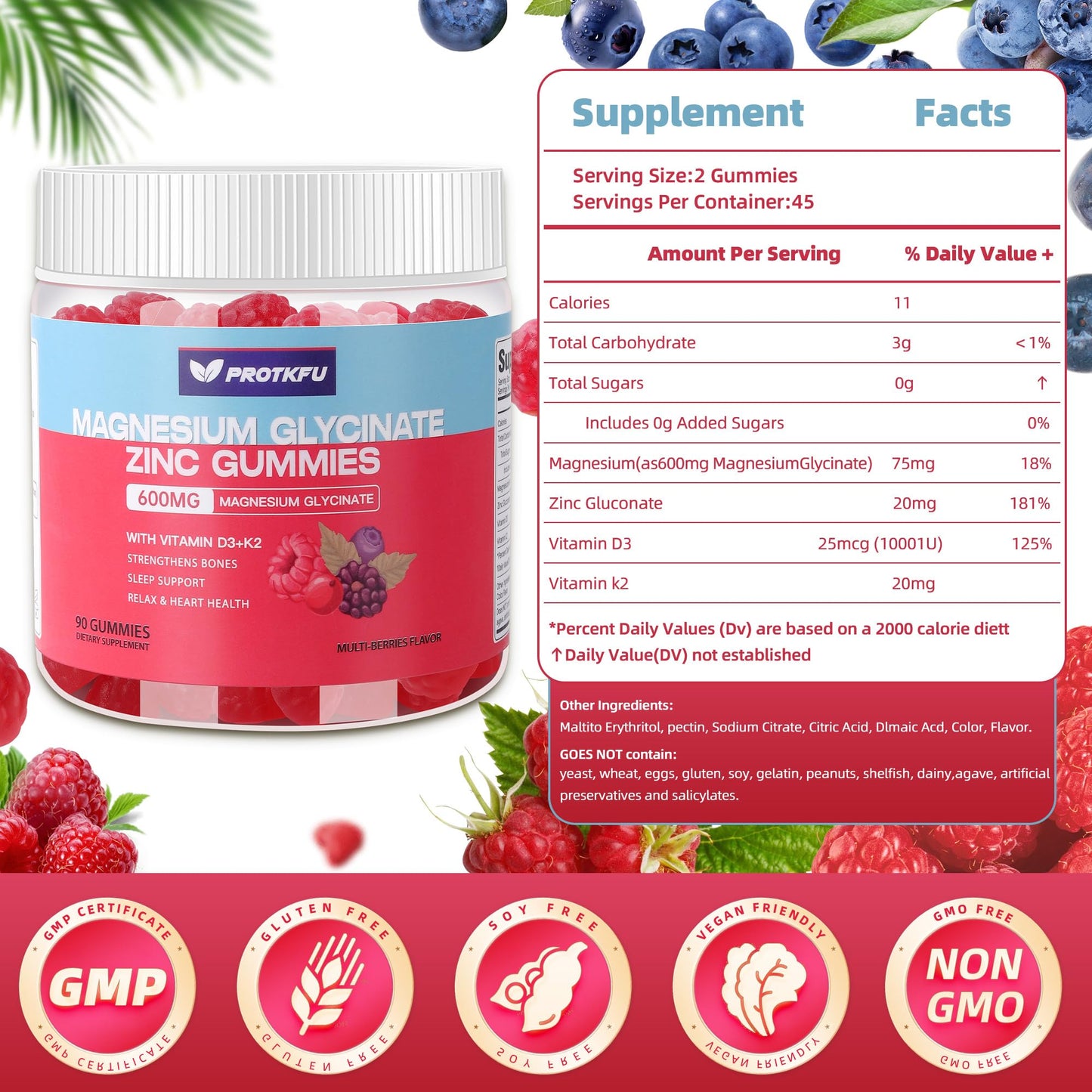 90 CT Magnesium Glycinate Gummies 600mg, Sugar Free Magnesium Gummies w/Zinc & Vitamin D3 & K2 - Magnesium Supplements for Sleep, Supports Bone Health, Nerve & Immune Function ProTKFUBuy Supplements Australia