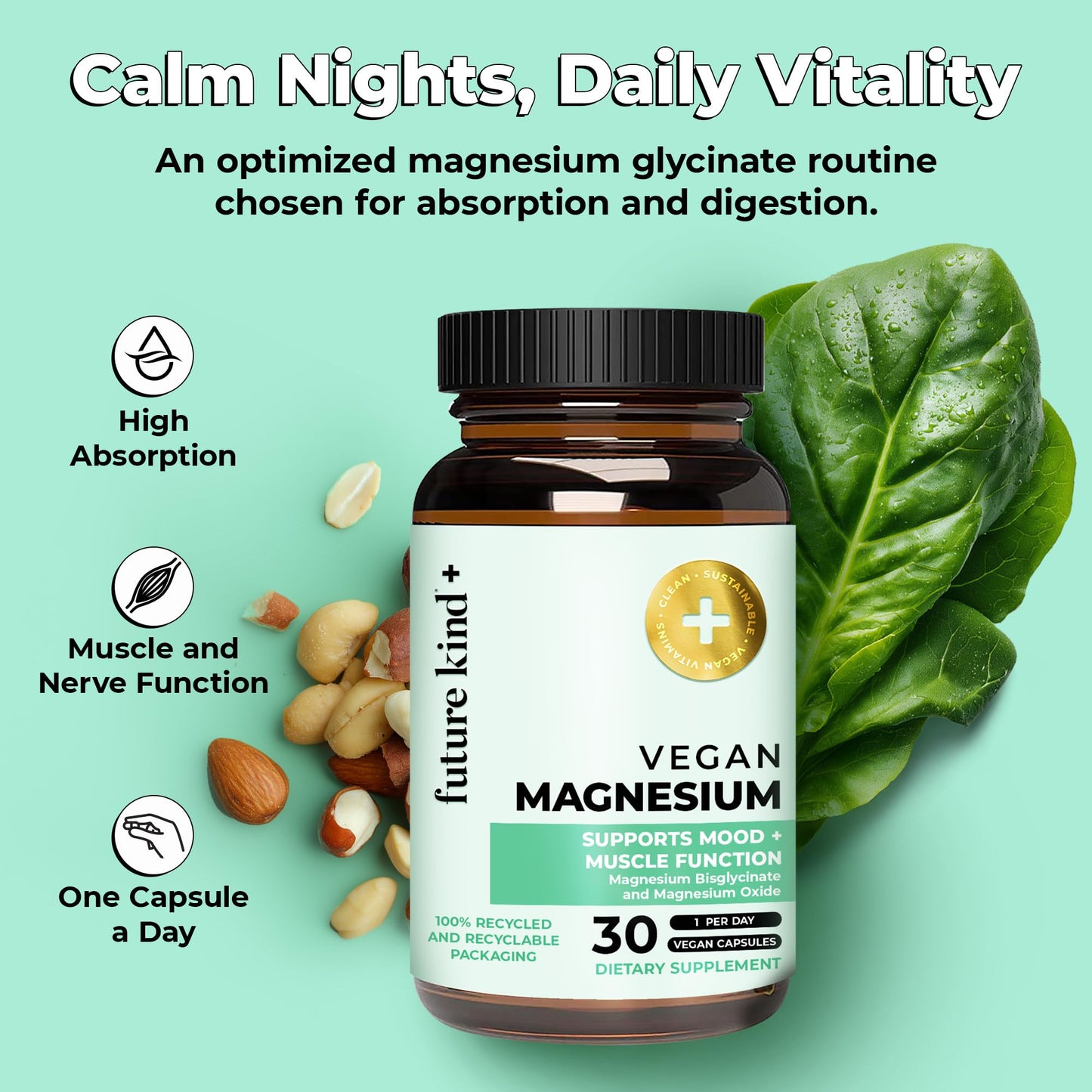 Future Kind Magnesium Glycinate, Supports Muscle and Nerve Function, High Absorption Chelated Magnesium Supplement, Nightly Calm, Energy & Metabolism, Highly Bioavailable & Potent - 30 Vegan Capsules Future KindBuy Supplements Australia
