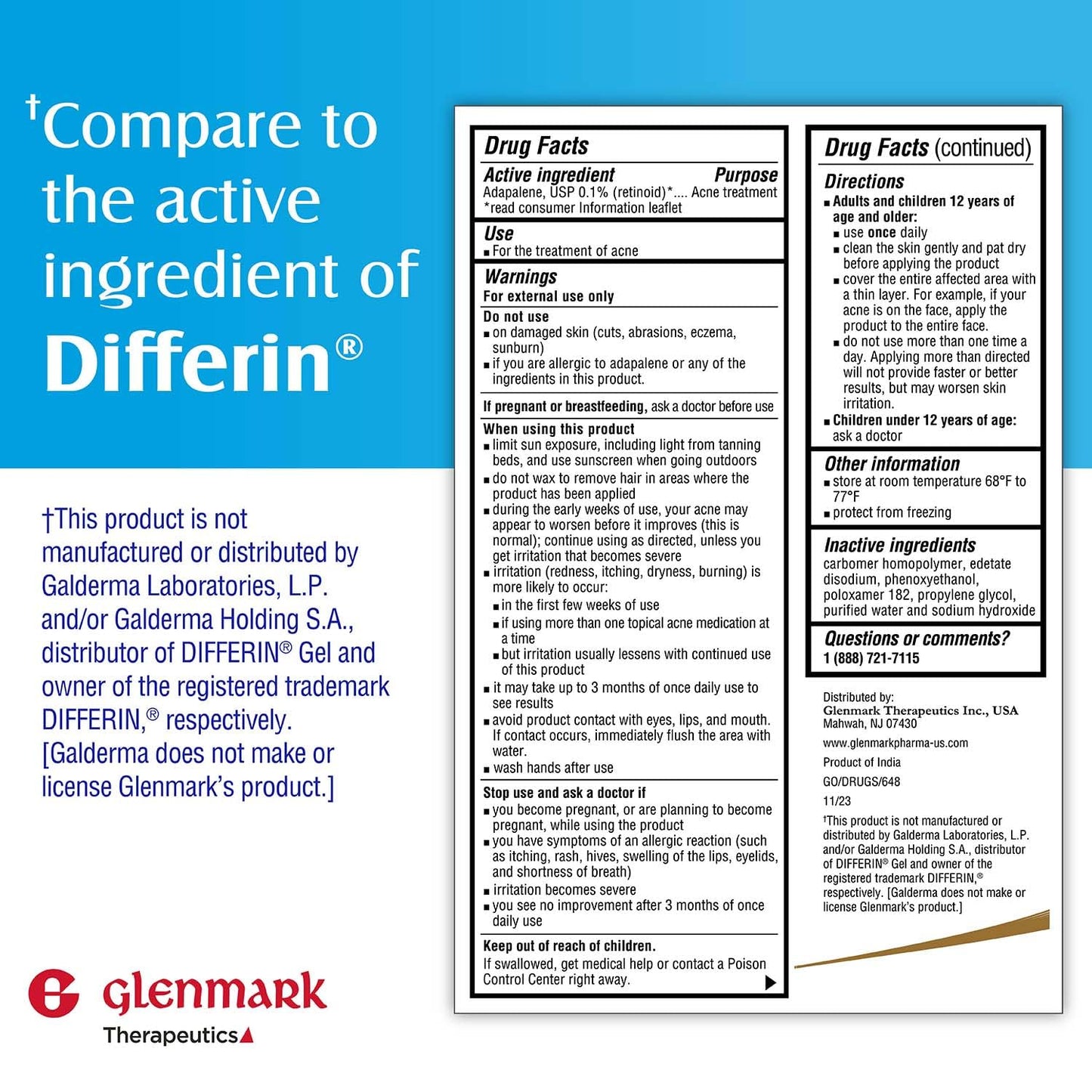 Glenmark Therapeutics Adapalene Gel 0.1% Acne Treatment, Paraben Free Topical Retinoid Cream for Face